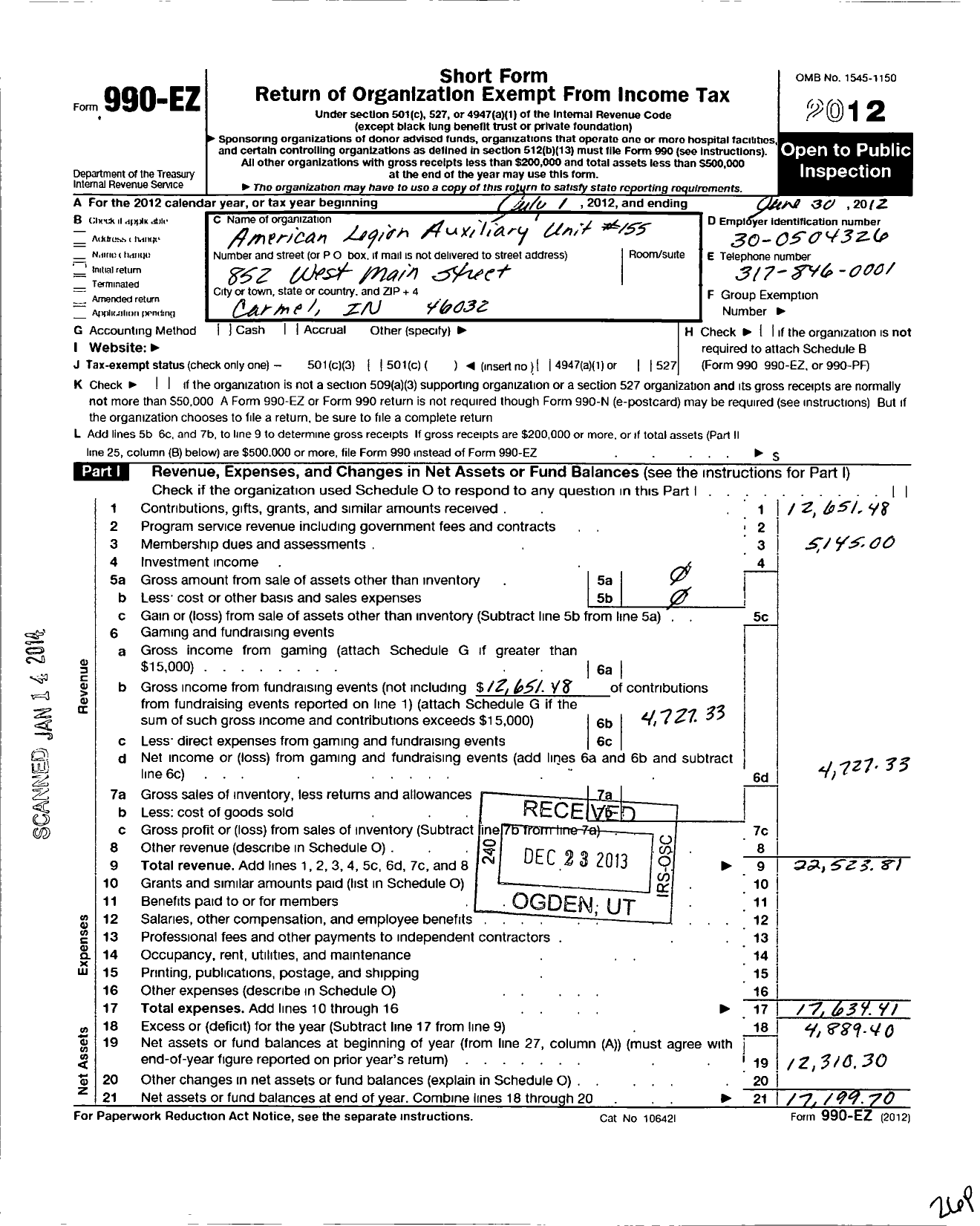 Image of first page of 2011 Form 990EO for American Legion Auxiliary - 155 Carmel