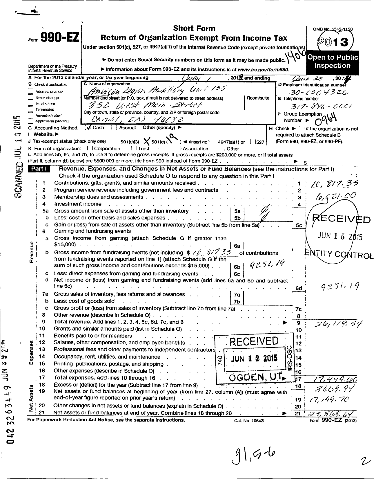 Image of first page of 2013 Form 990EO for American Legion Auxiliary - 155 Carmel