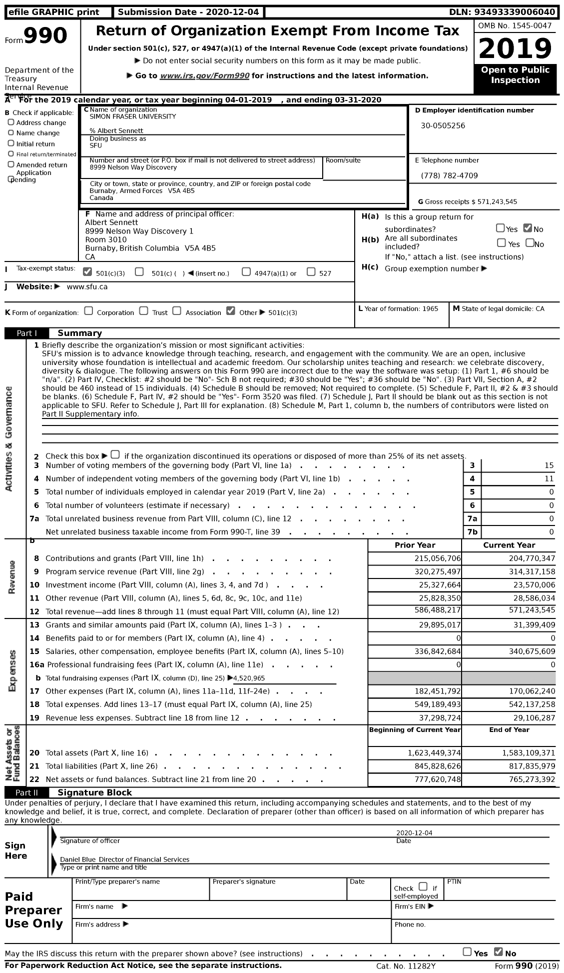 Image of first page of 2019 Form 990 for Simon Fraser University (SFU)