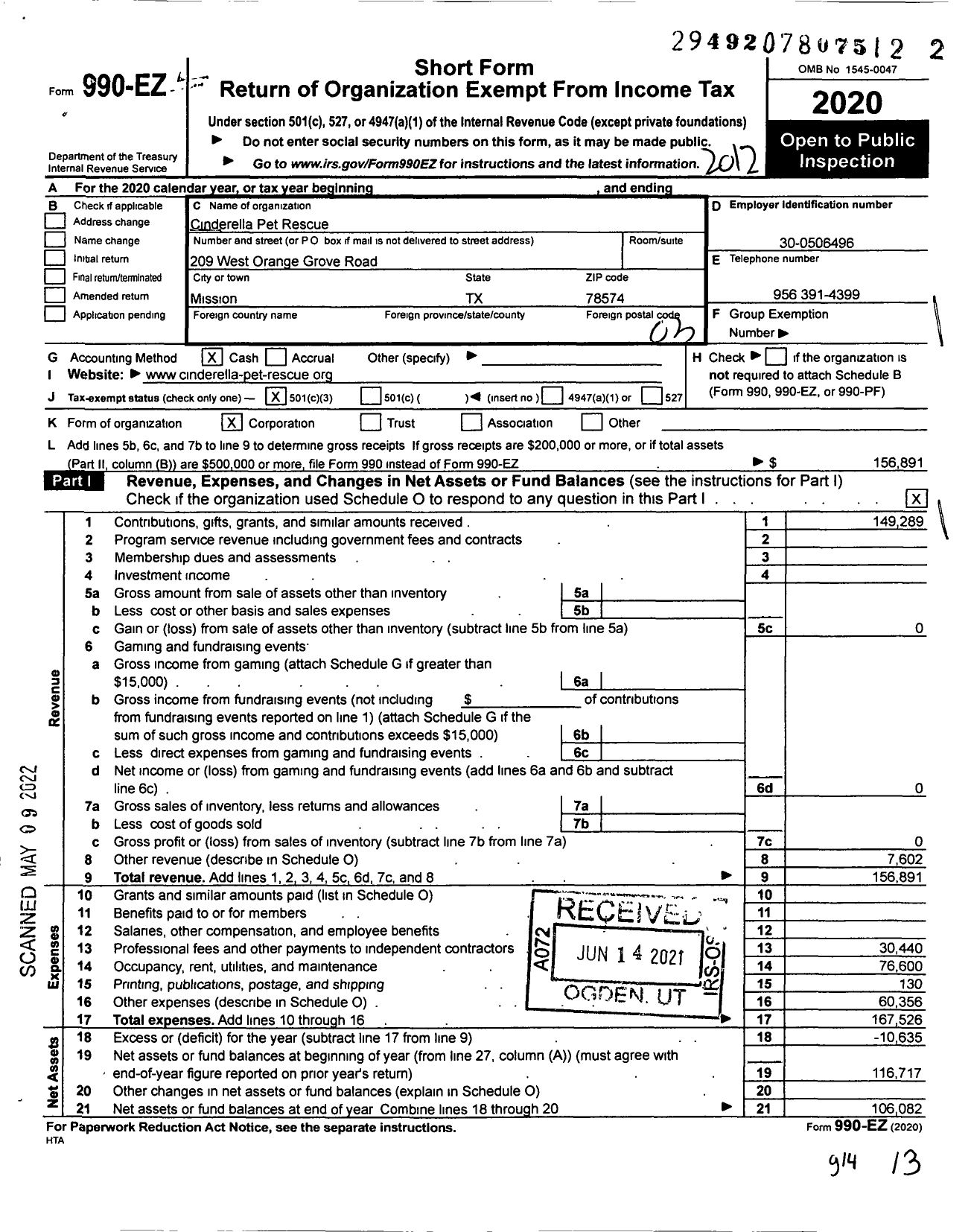 Image of first page of 2020 Form 990EZ for Cinderella Pet Rescue