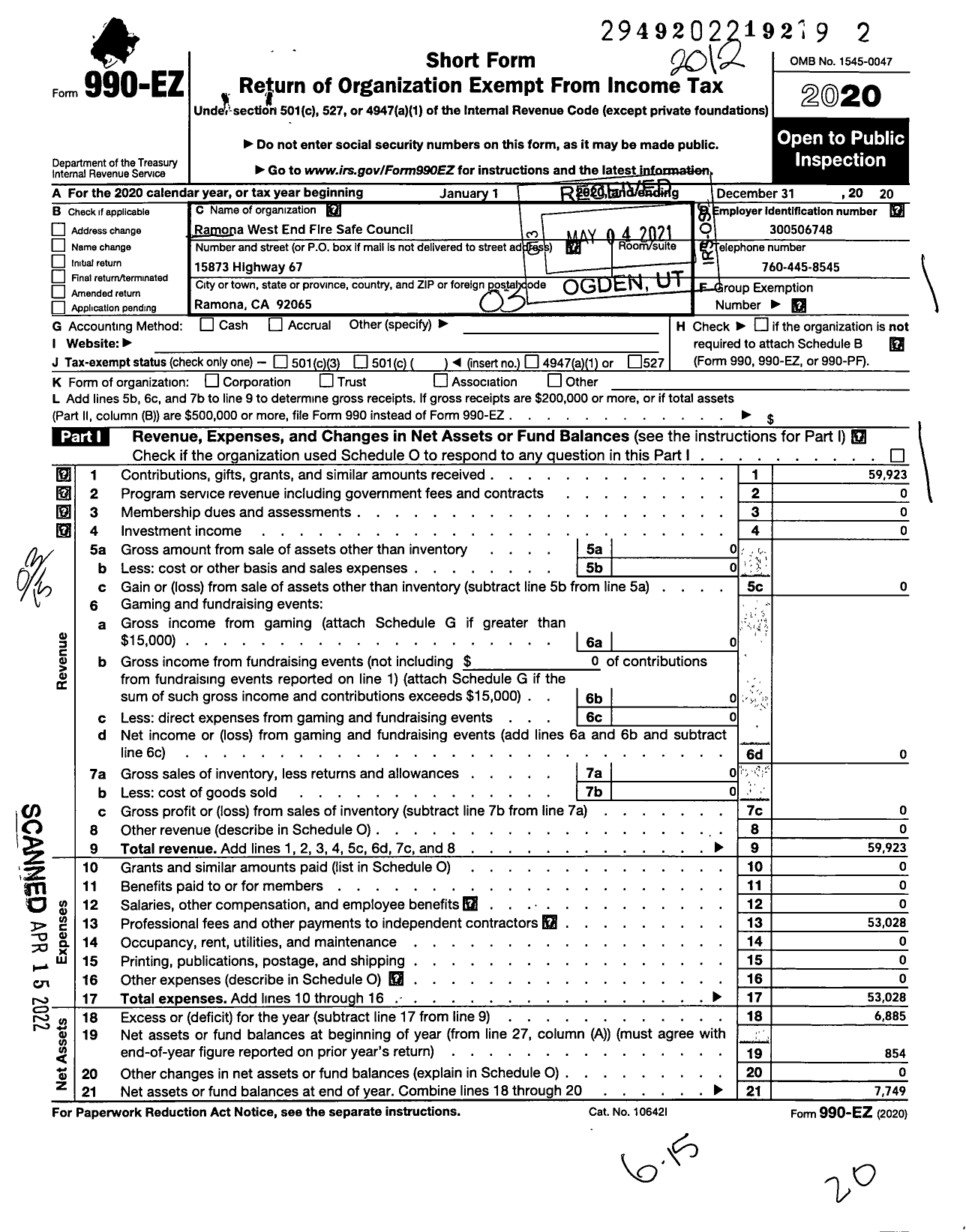 Image of first page of 2020 Form 990EZ for Ramona West End Fire Safe Council