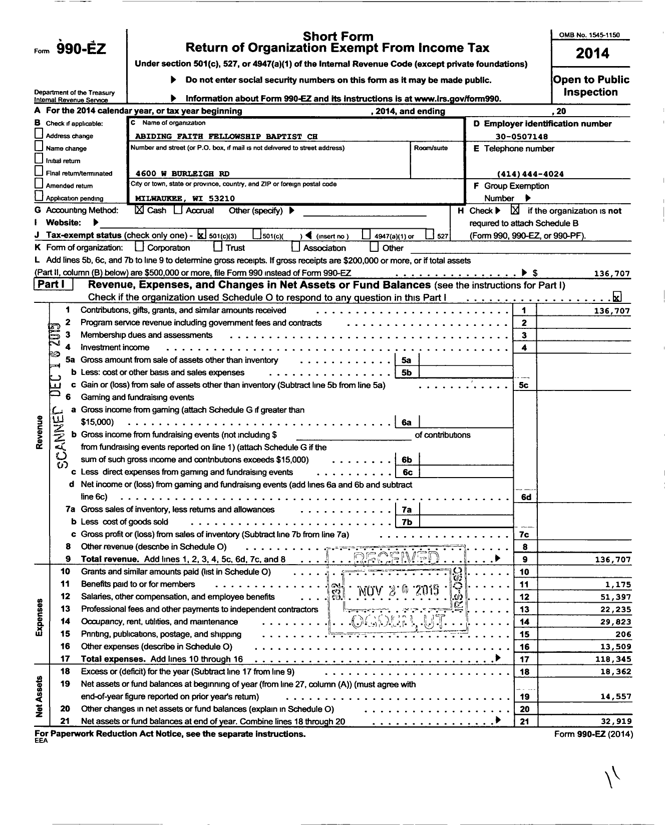 Image of first page of 2014 Form 990EZ for Abiding Faith Fellowship Baptist CH