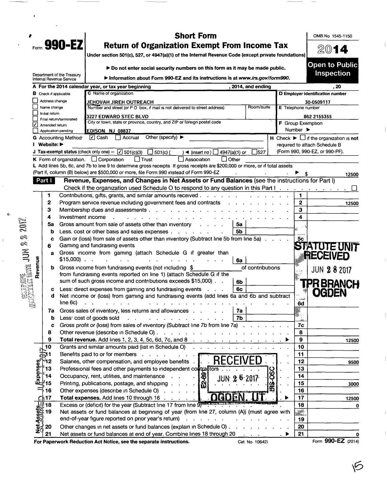 Image of first page of 2014 Form 990EA for Jehovah Jireh Outreach