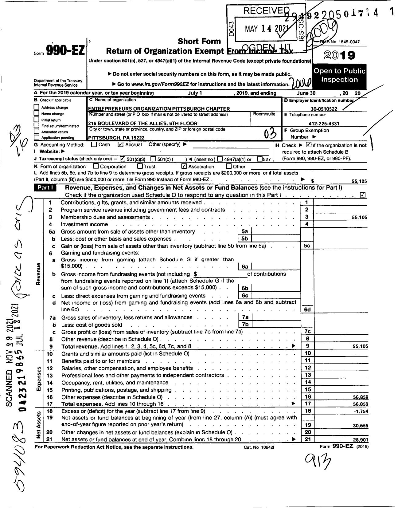 Image of first page of 2019 Form 990EZ for Entrepreneurs Organization Pittsburgh Chapter