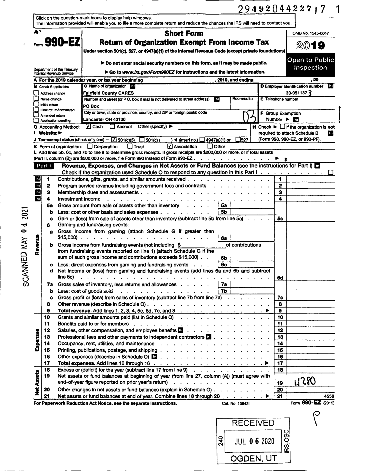 Image of first page of 2019 Form 990EZ for Fairfield County Cares A R E S