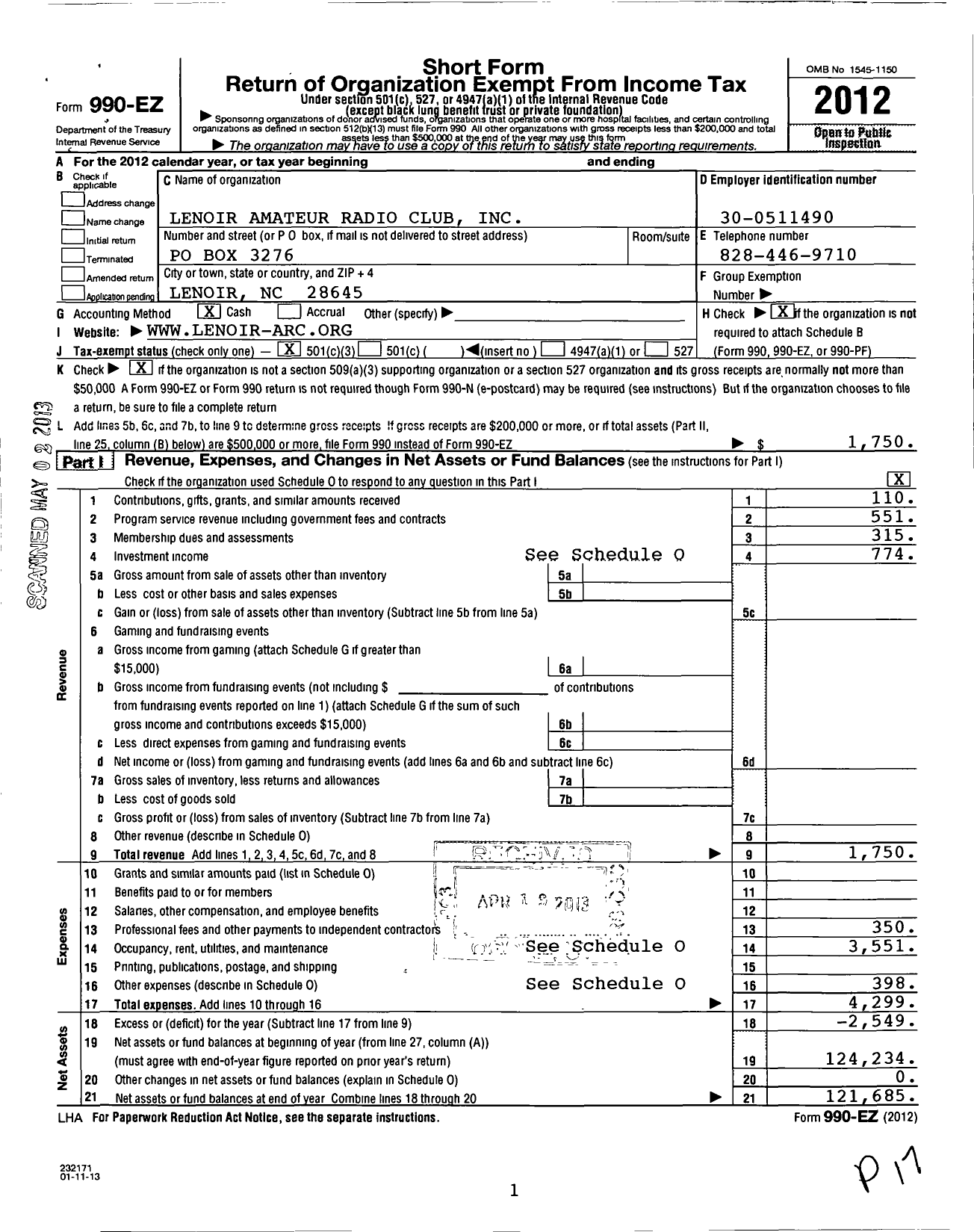Image of first page of 2012 Form 990EZ for Lenoir Amateur Radio Club