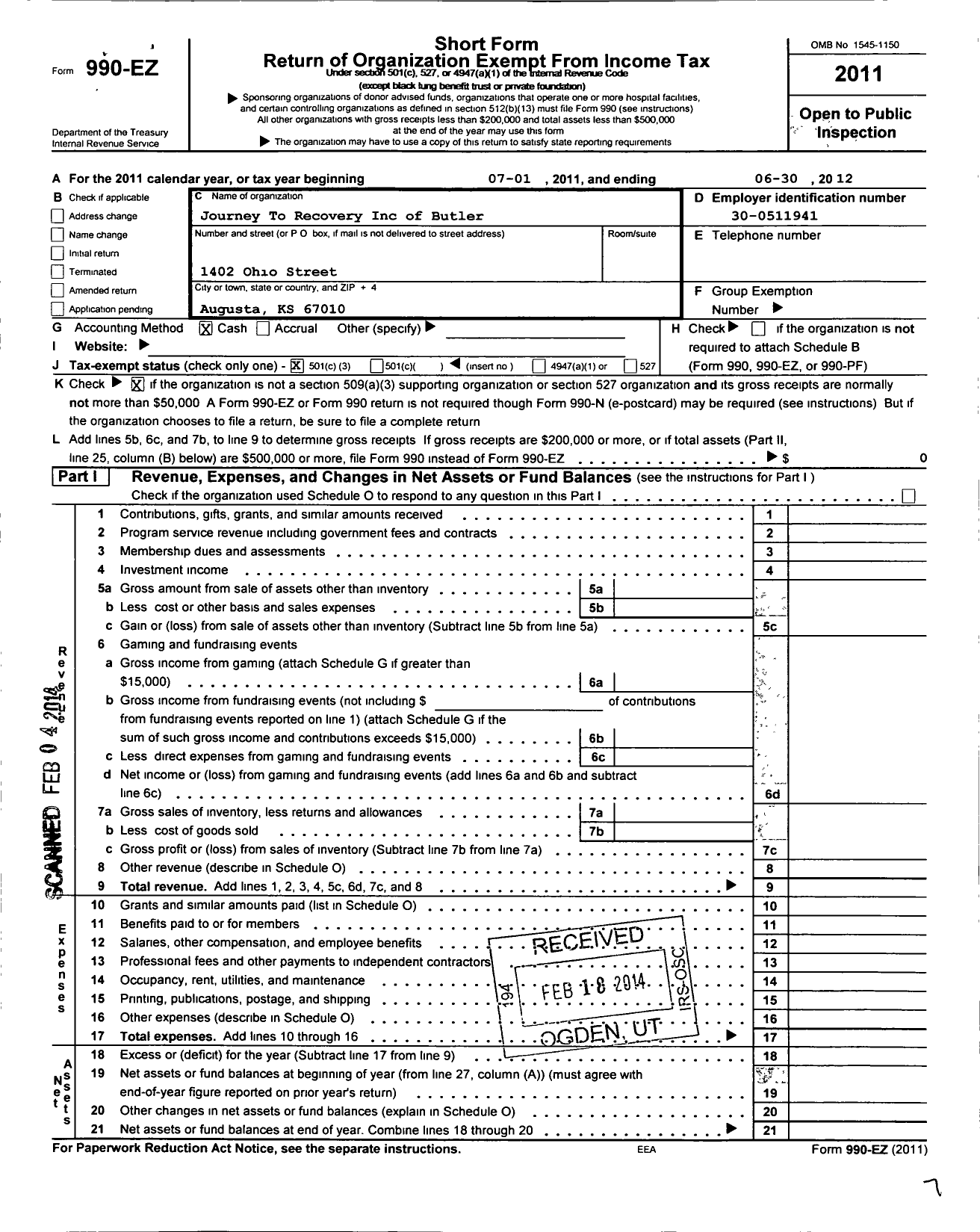 Image of first page of 2011 Form 990EZ for Journey To Recovery
