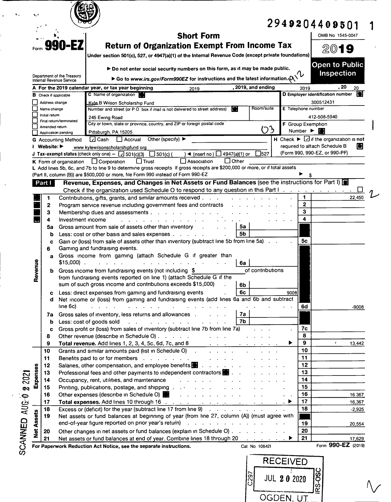 Image of first page of 2019 Form 990EZ for Kyle B Wilson Scholarship Fund