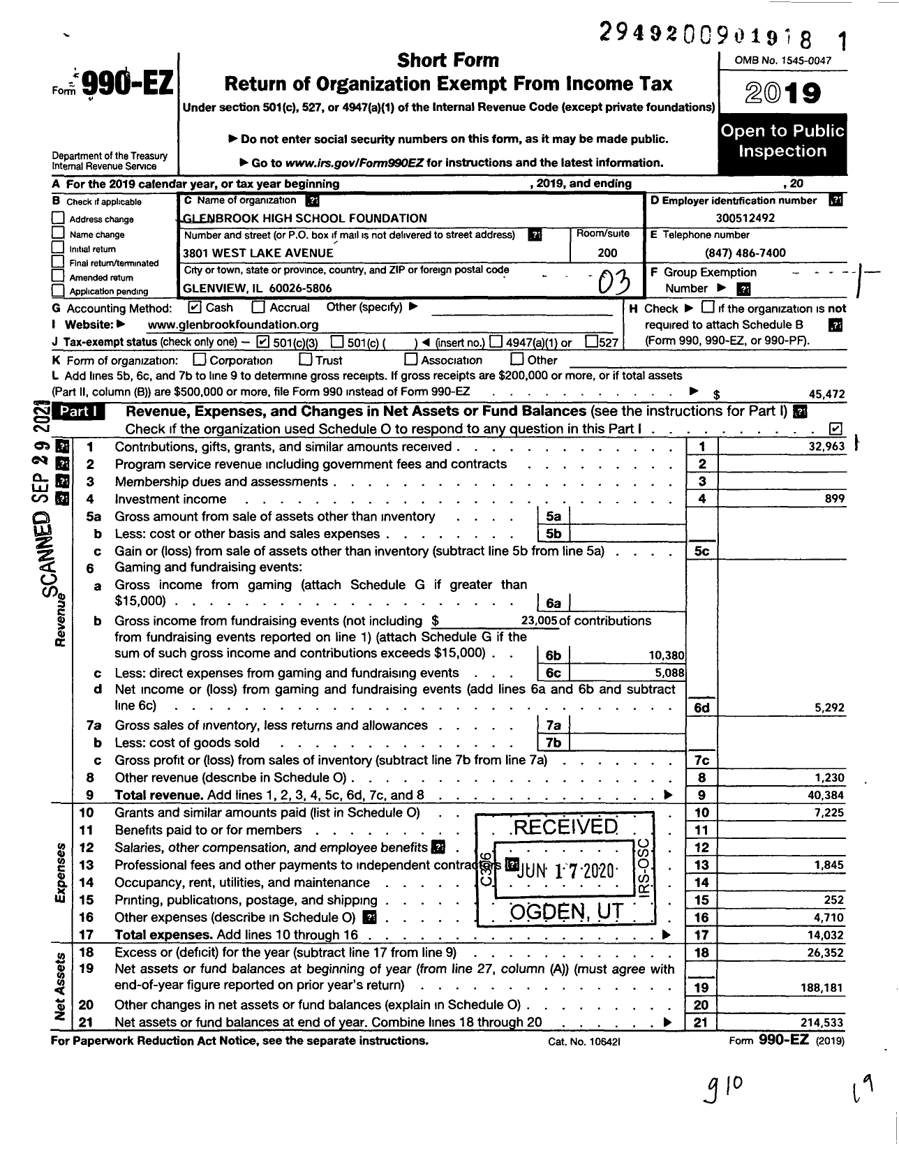 Image of first page of 2019 Form 990EZ for Glenbrook High School Foundation