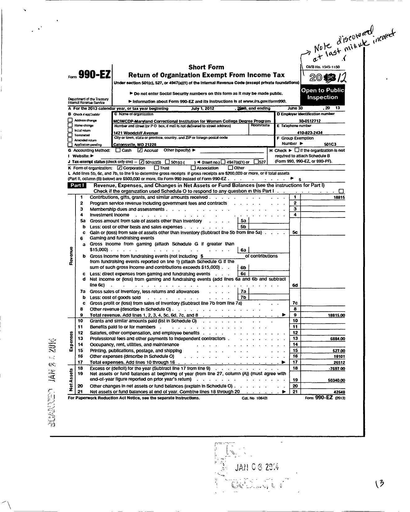 Image of first page of 2012 Form 990EZ for Advocates for the Goucher Prison Education Partnership