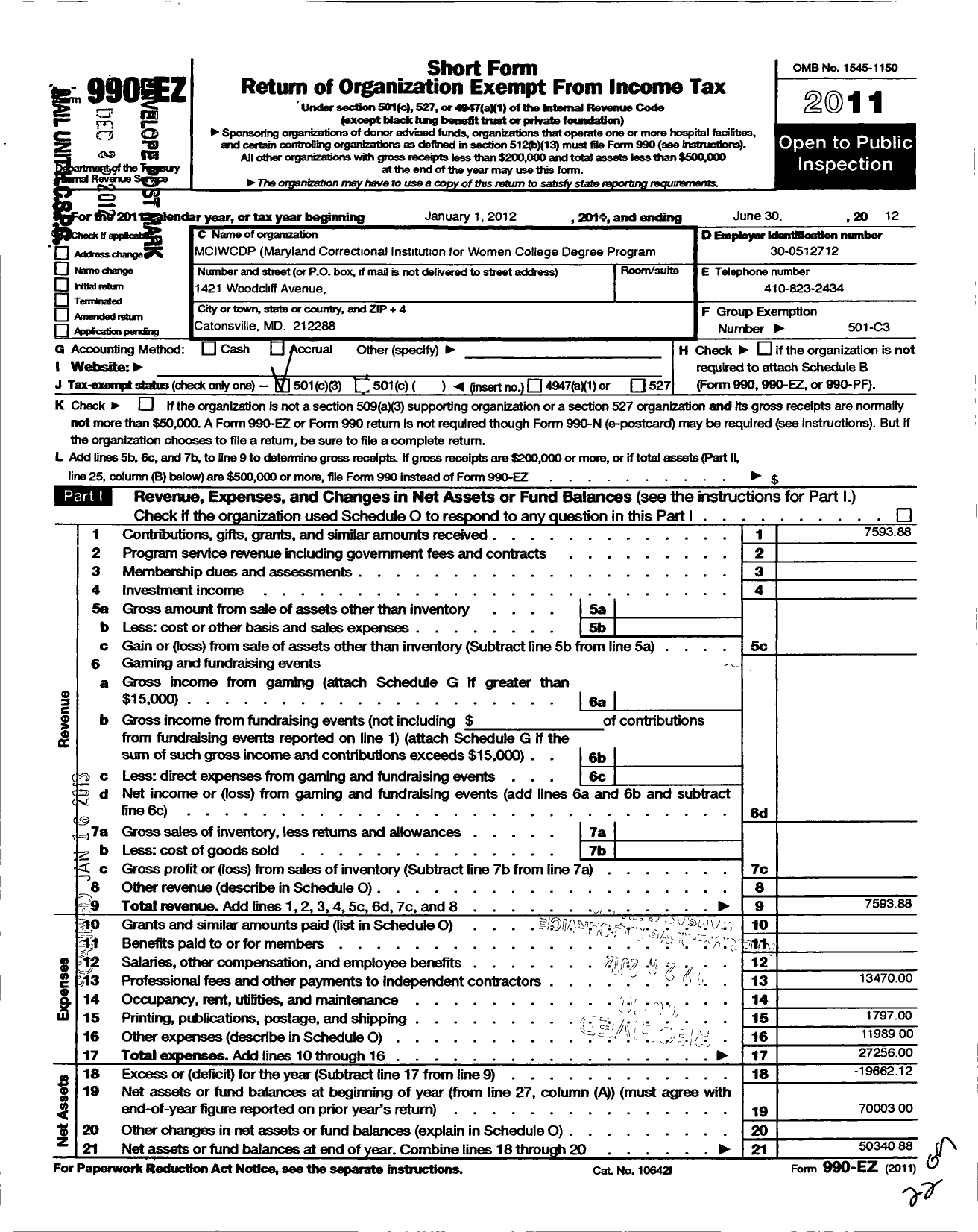 Image of first page of 2011 Form 990EZ for Advocates for the Goucher Prison Education Partnership