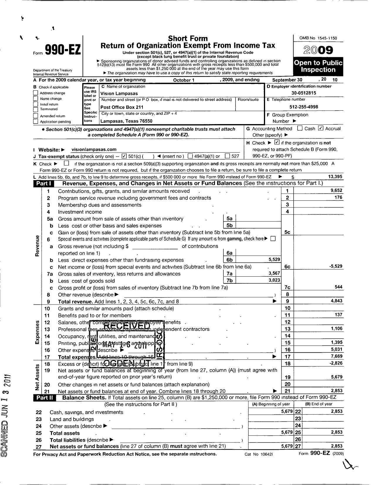 Image of first page of 2009 Form 990EO for Vision Lampasas