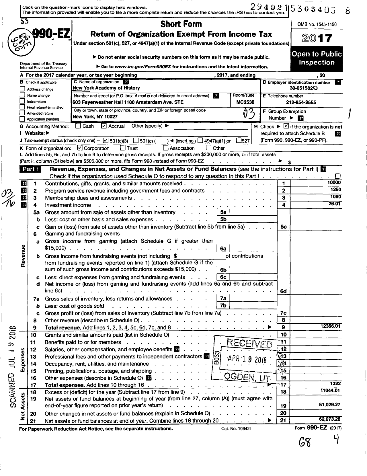 Image of first page of 2017 Form 990EZ for New York Academy of History