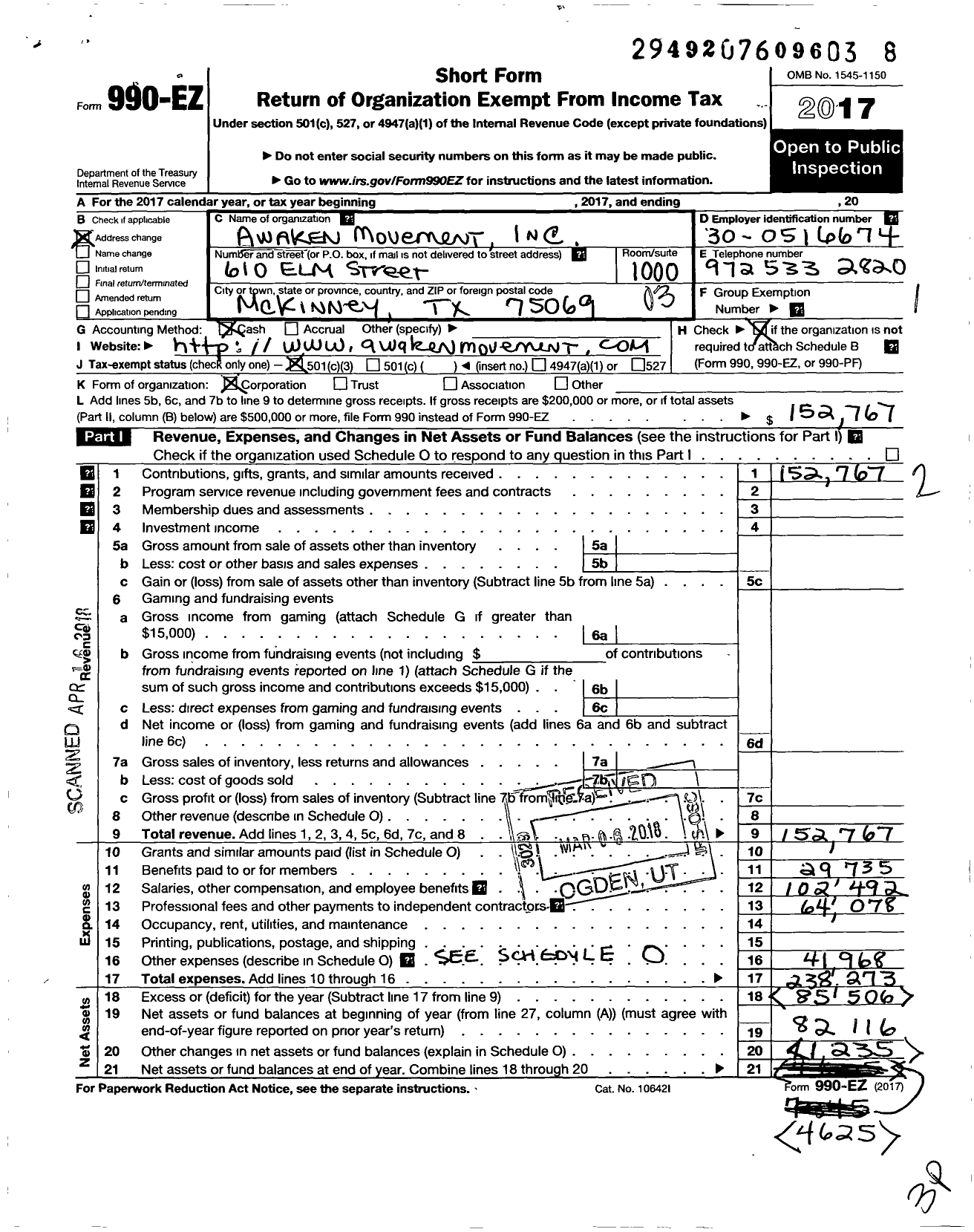 Image of first page of 2017 Form 990EZ for Awaken Movement