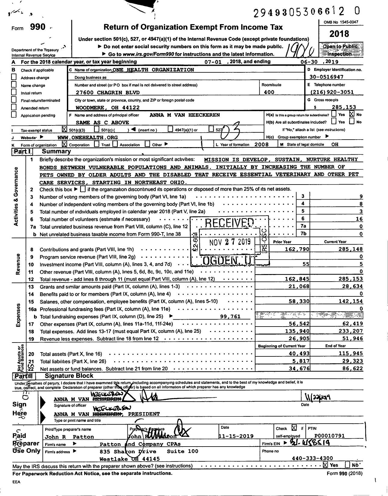 Image of first page of 2018 Form 990 for One Health Organization