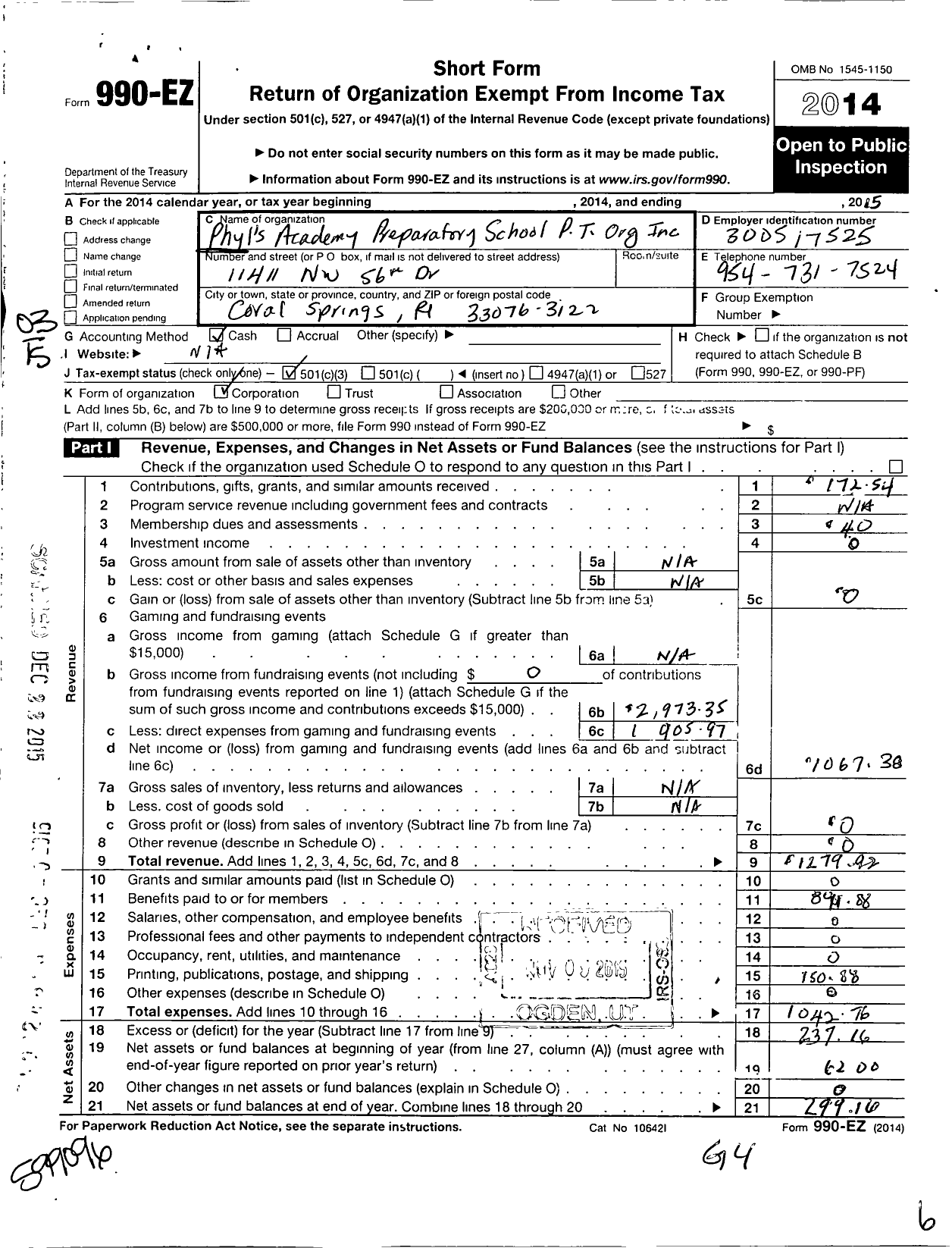 Image of first page of 2015 Form 990EZ for Phyls Academy Preparatory School Parent Teacher Organization