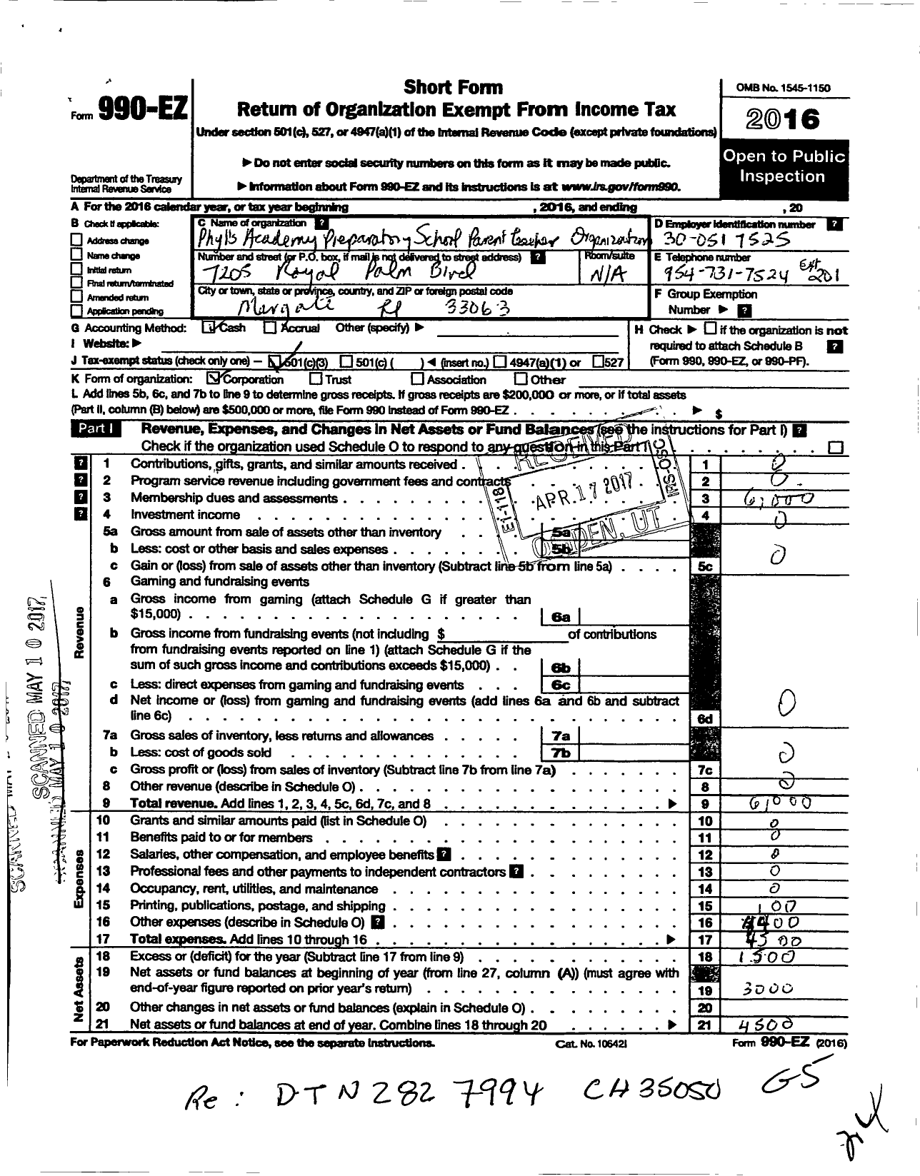 Image of first page of 2016 Form 990EZ for Phyls Academy Preparatory School Parent Teacher Organization