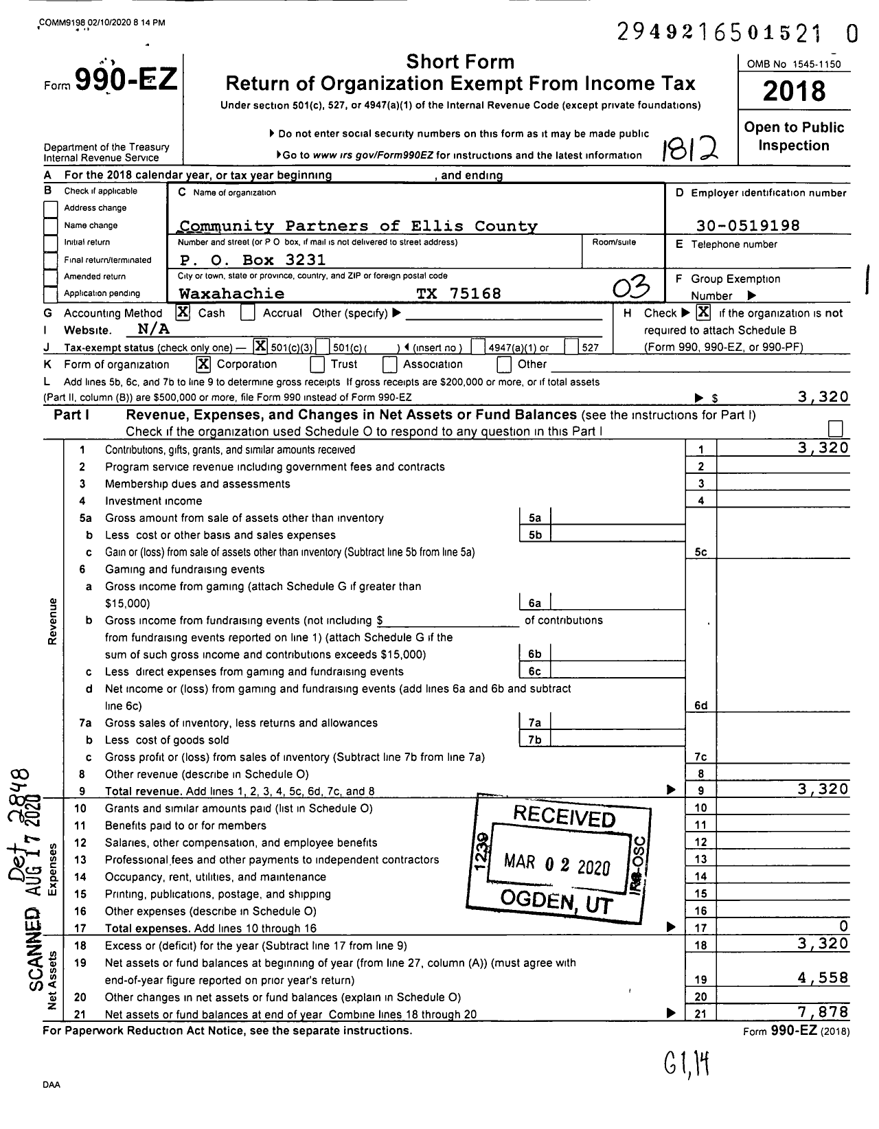 Image of first page of 2018 Form 990EZ for Community Partners of Ellis County