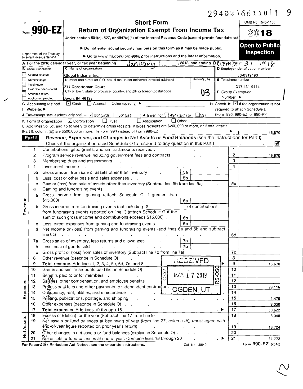 Image of first page of 2018 Form 990EZ for Global Indiana Incorporated