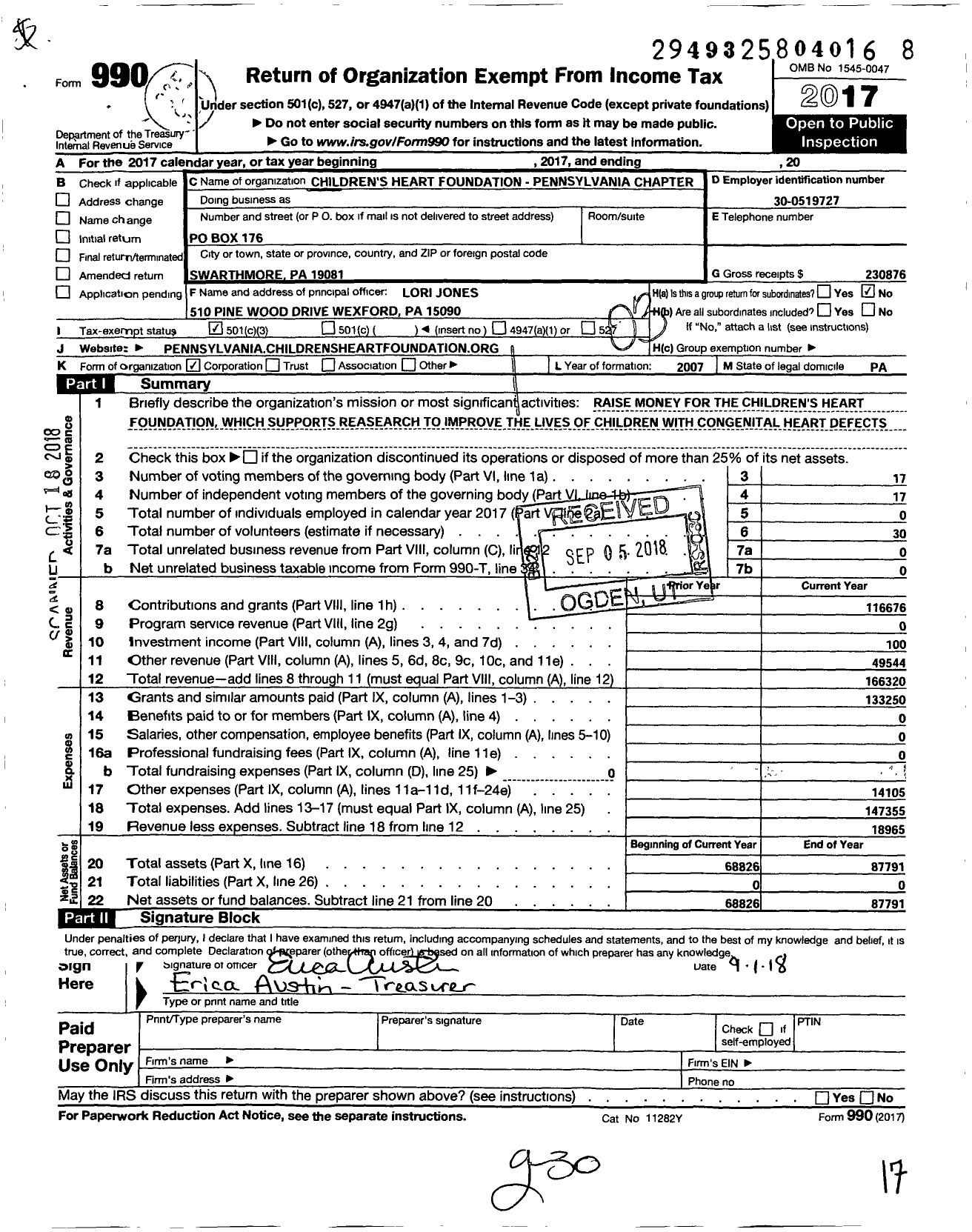 Image of first page of 2017 Form 990 for Childrens Heart Foundation - Pennsylvania Chapter