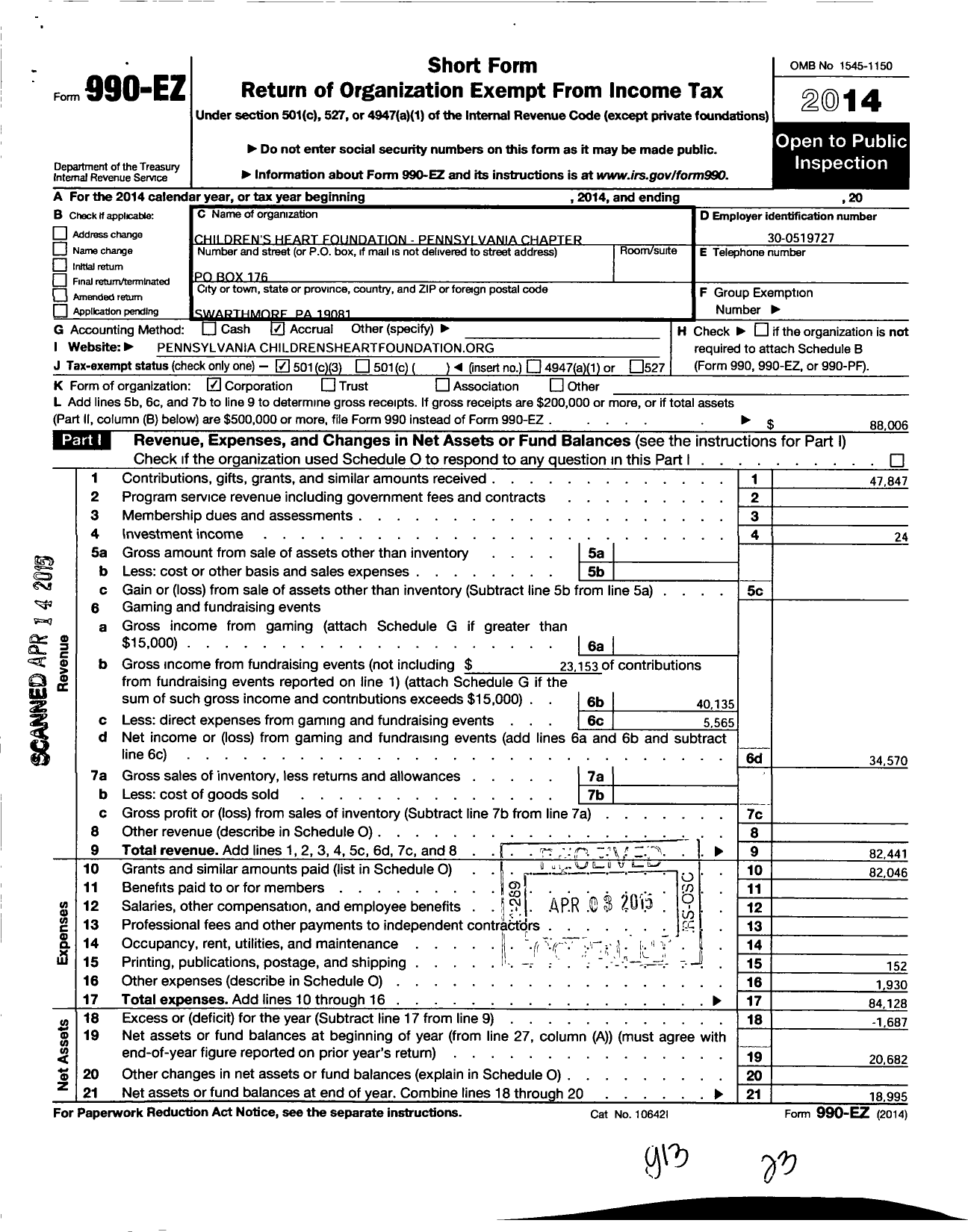 Image of first page of 2014 Form 990EZ for Childrens Heart Foundation - Pennsylvania Chapter