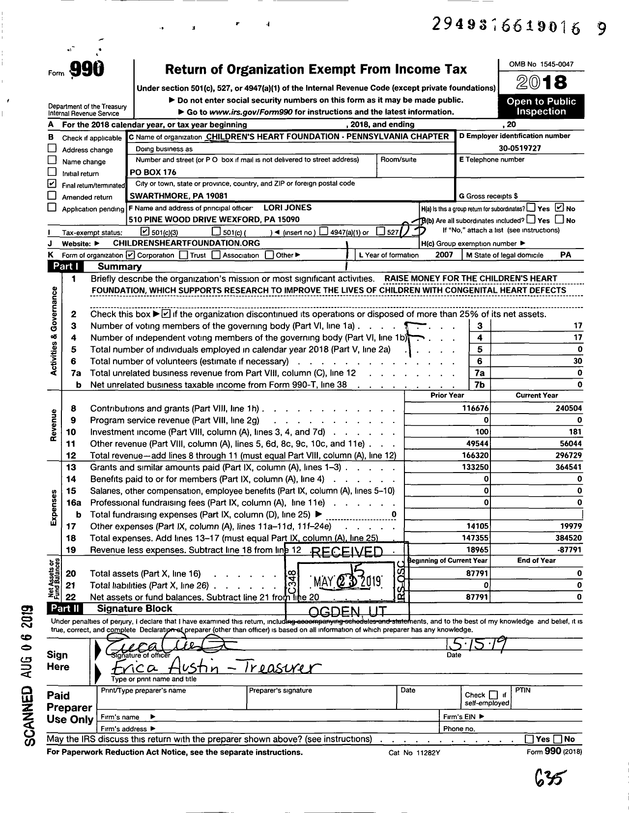 Image of first page of 2018 Form 990 for Childrens Heart Foundation - Pennsylvania Chapter