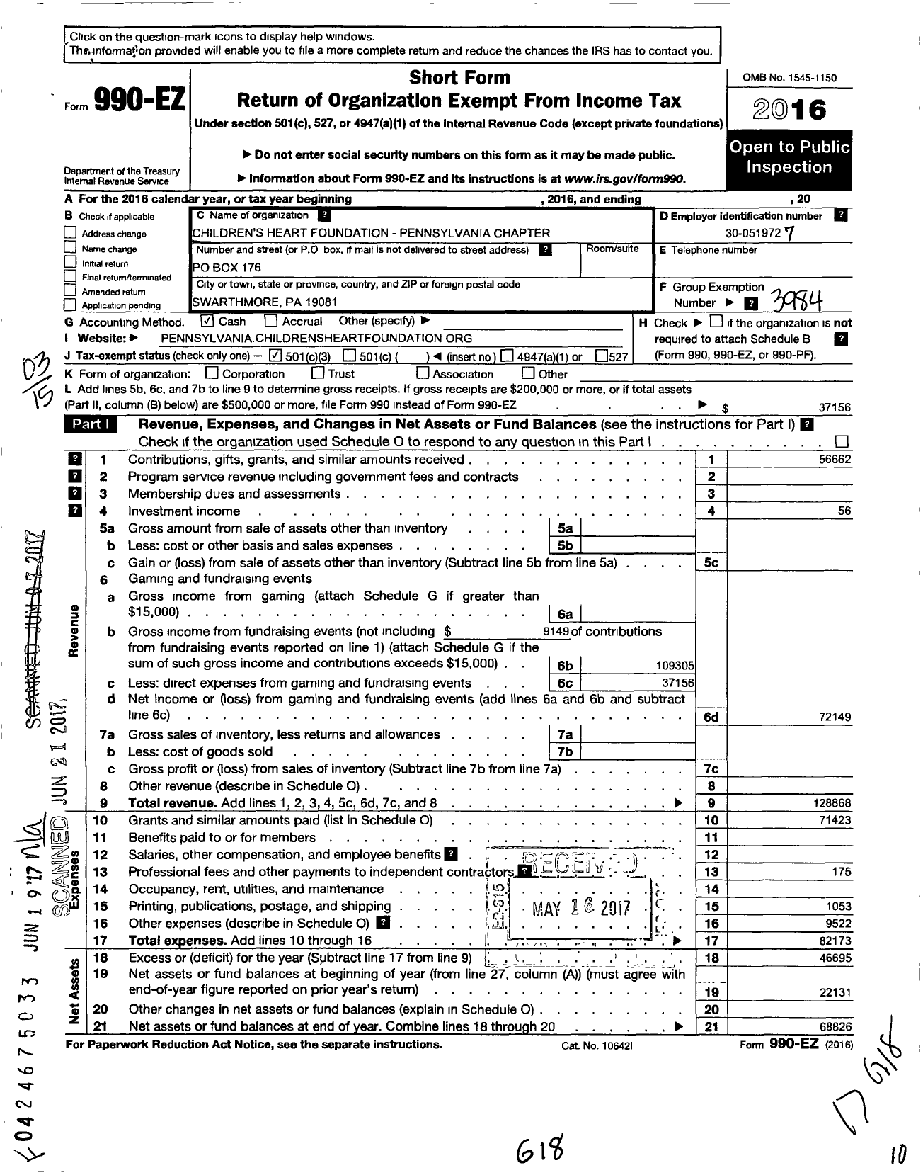 Image of first page of 2016 Form 990EZ for Childrens Heart Foundation - Pennsylvania Chapter