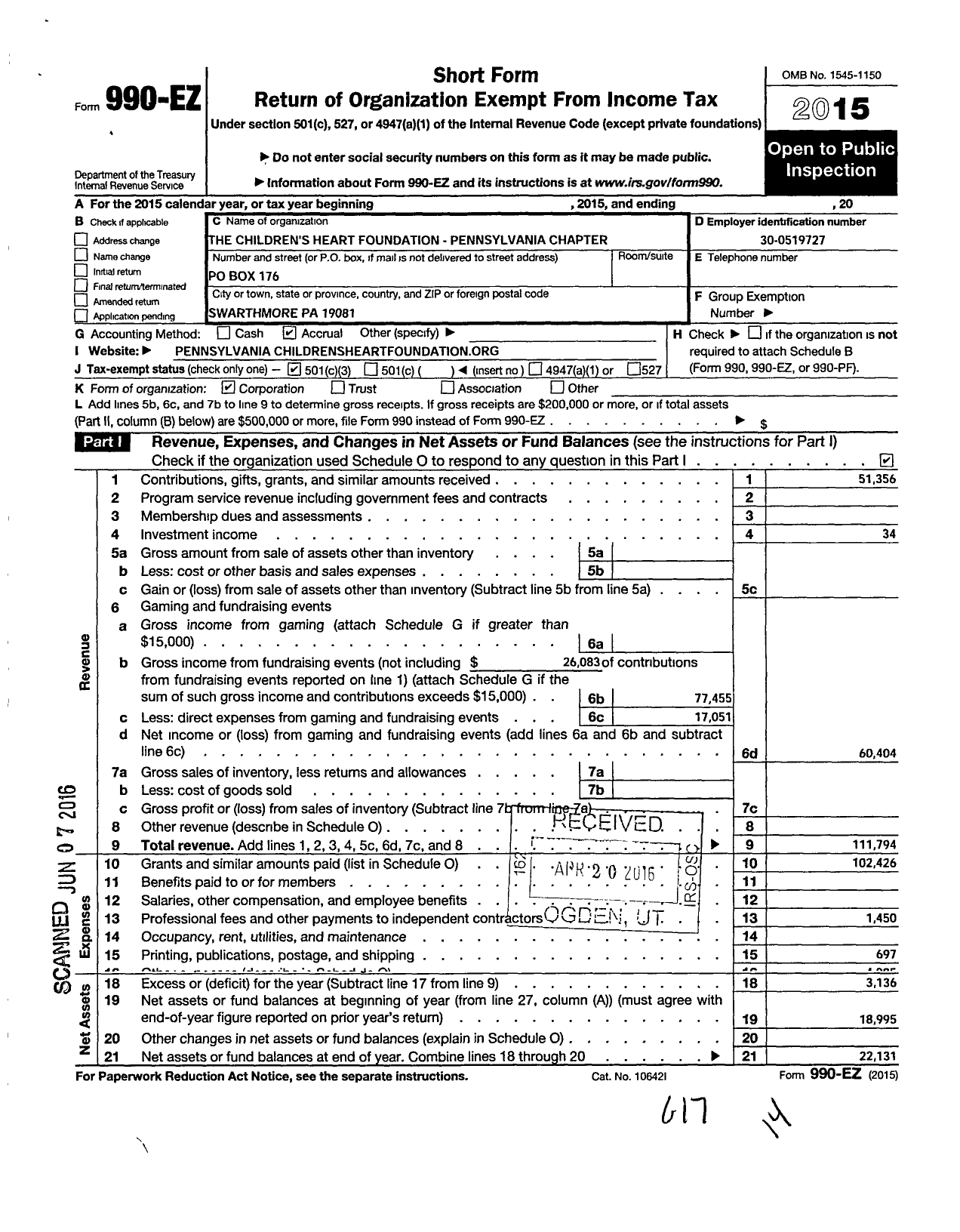 Image of first page of 2015 Form 990EZ for Childrens Heart Foundation - Pennsylvania Chapter