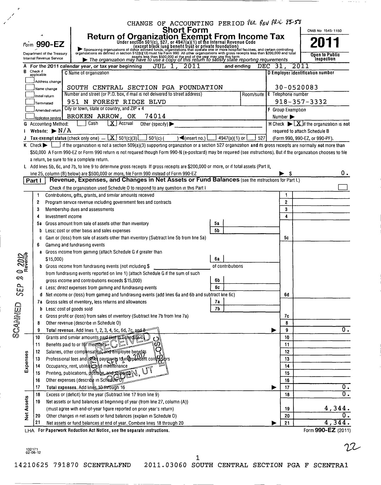 Image of first page of 2011 Form 990EZ for South Central Section Pga Foundation