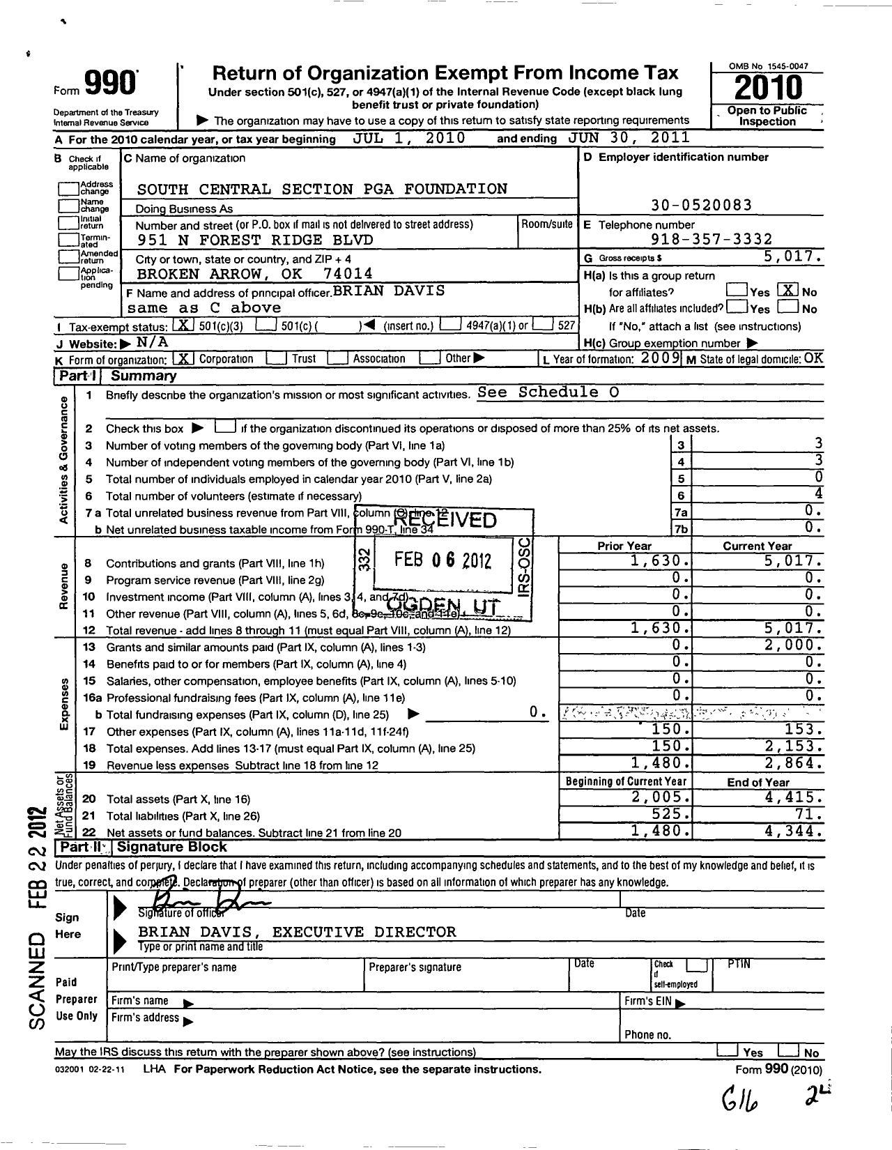 Image of first page of 2010 Form 990 for South Central Section Pga Foundation