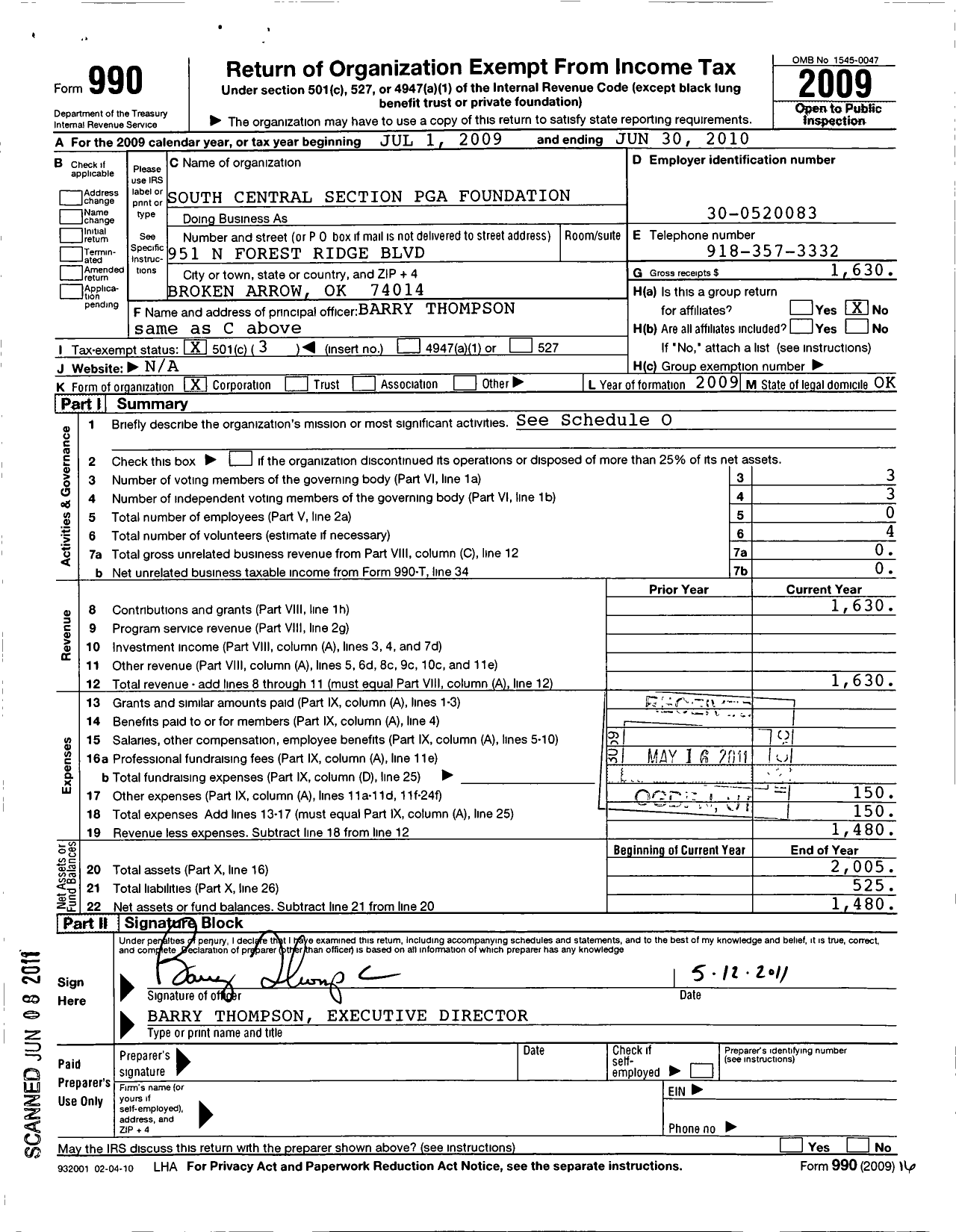 Image of first page of 2009 Form 990 for South Central Section Pga Foundation