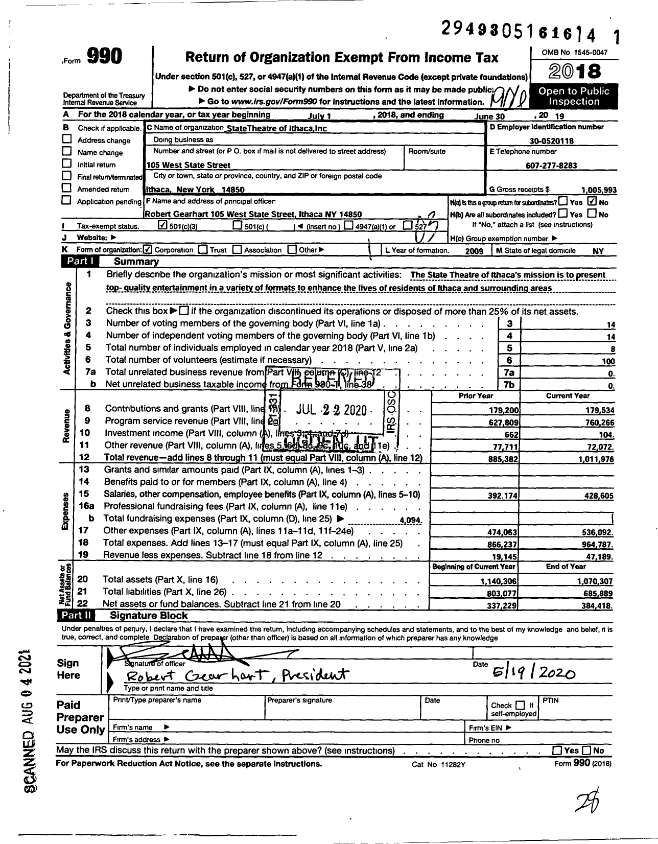 Image of first page of 2018 Form 990 for State Theatre of Ithaca