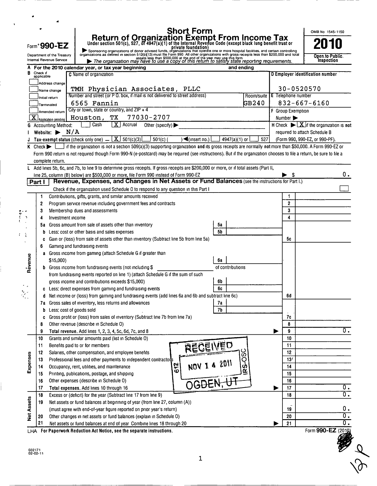 Image of first page of 2010 Form 990EZ for TMH Physician Associates PLLC