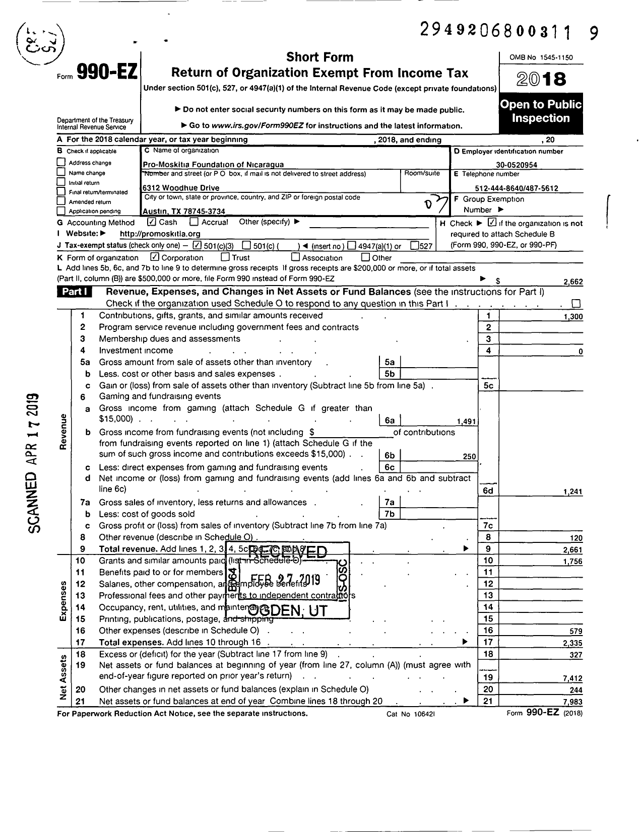 Image of first page of 2018 Form 990EZ for Pro Moskitia Foundation of Nicaragua