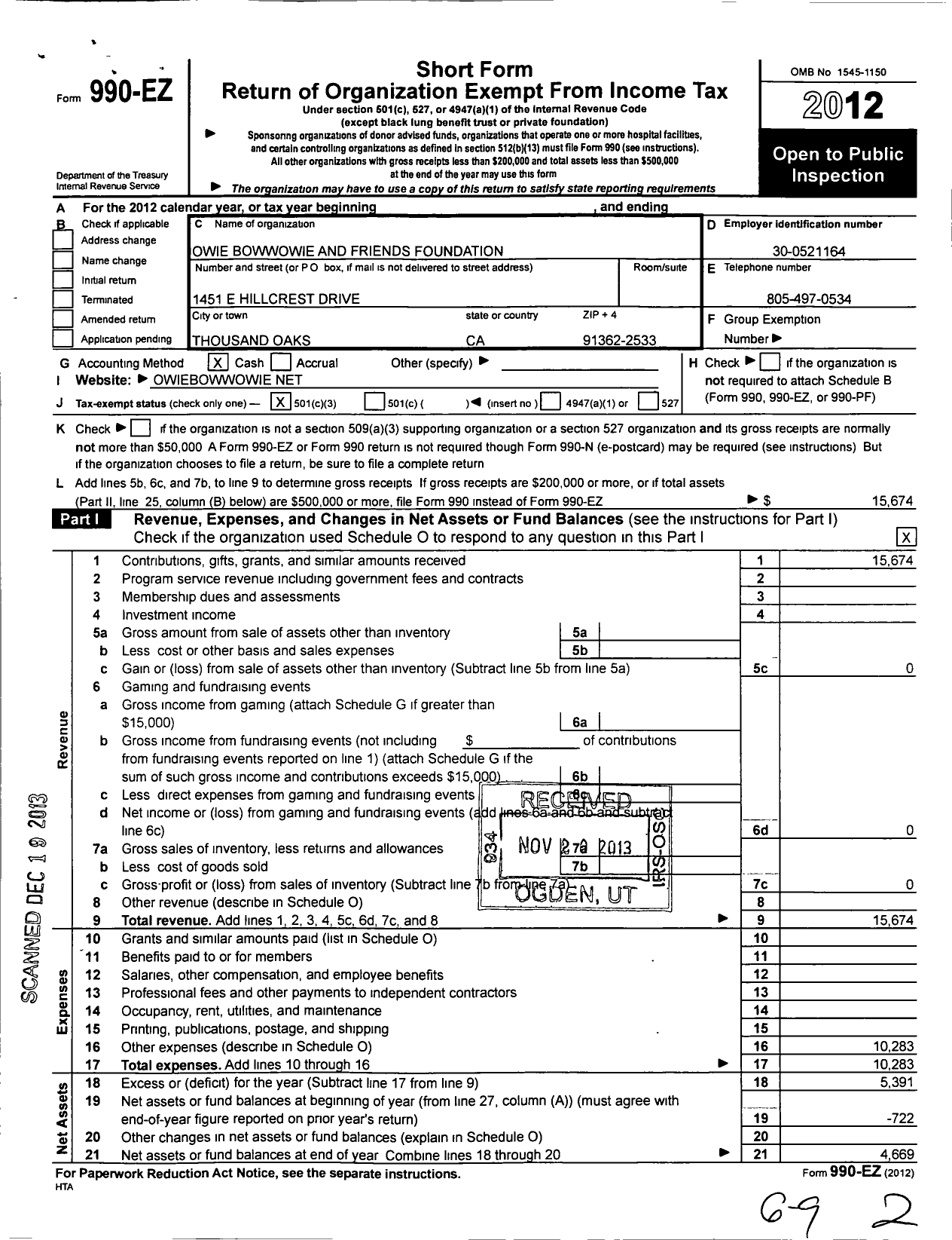 Image of first page of 2012 Form 990EZ for Owiebow Wowie and Friends Foundation