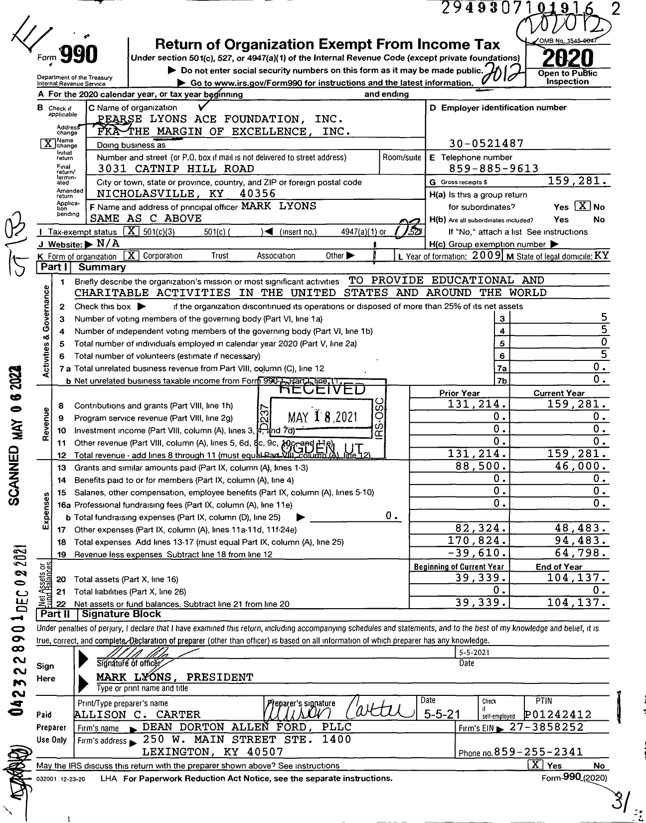 Image of first page of 2020 Form 990 for Pearse Lyons Ace Foundation