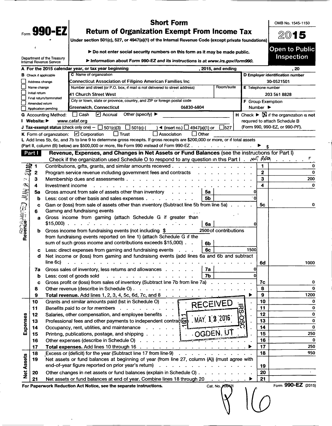 Image of first page of 2015 Form 990EO for Connecticut Association of Filipino American Family