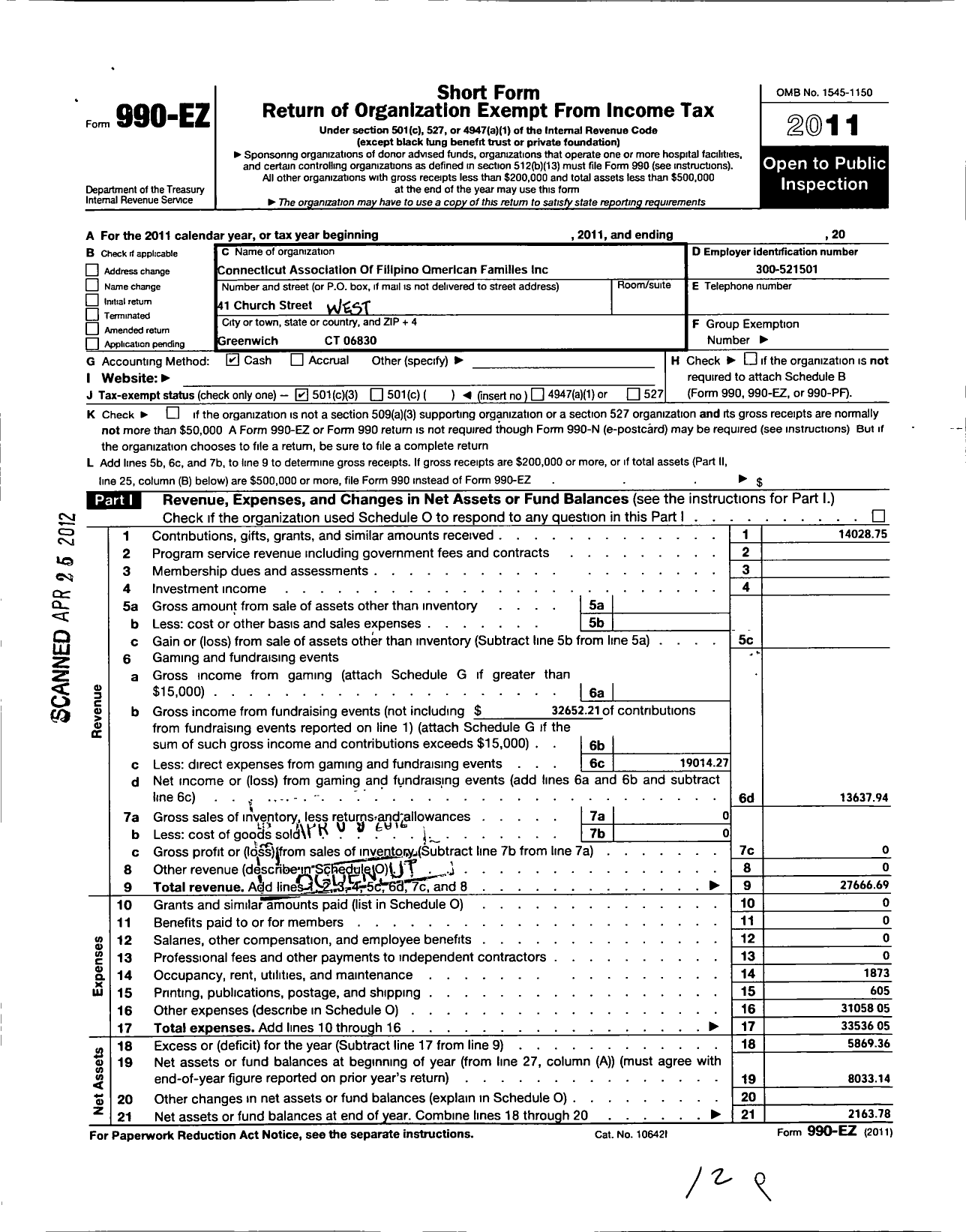 Image of first page of 2011 Form 990EZ for Connecticut Association of Filipino American Family