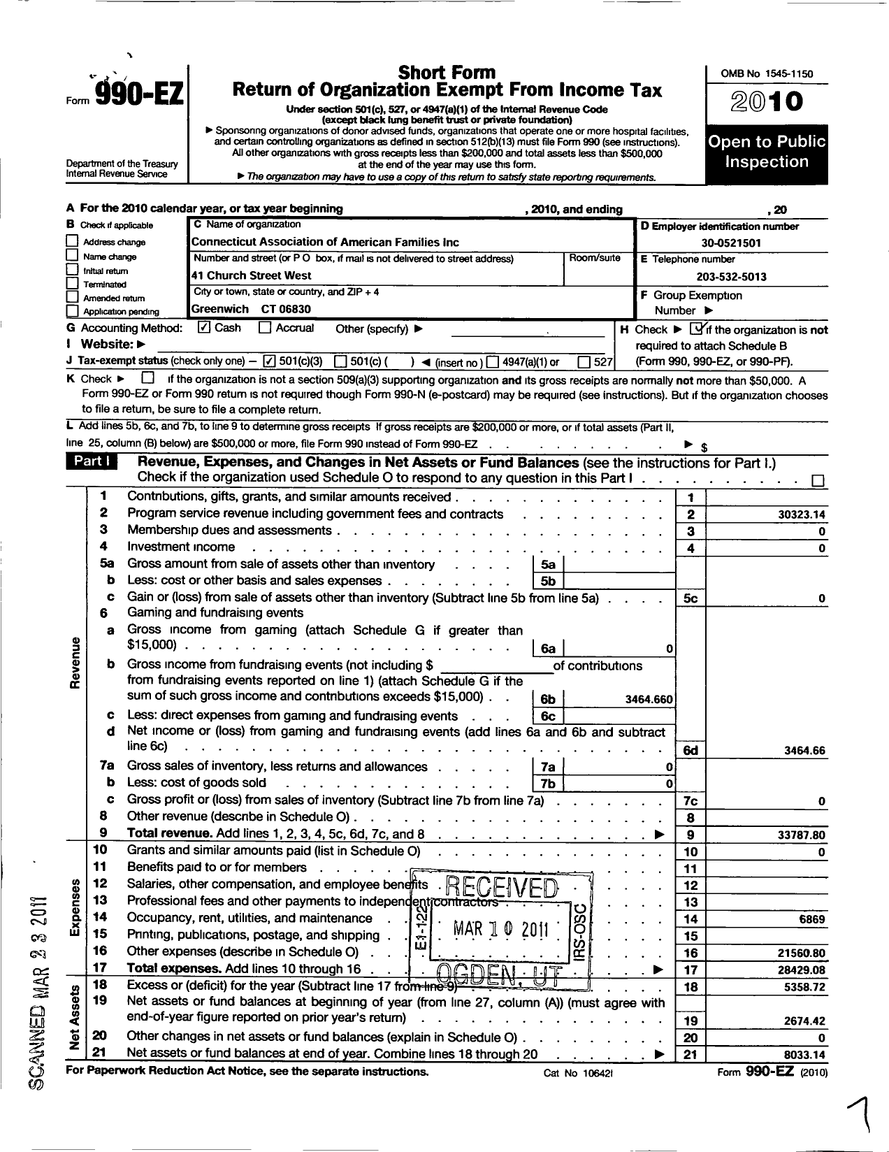 Image of first page of 2010 Form 990EZ for Connecticut Association of Filipino American Family