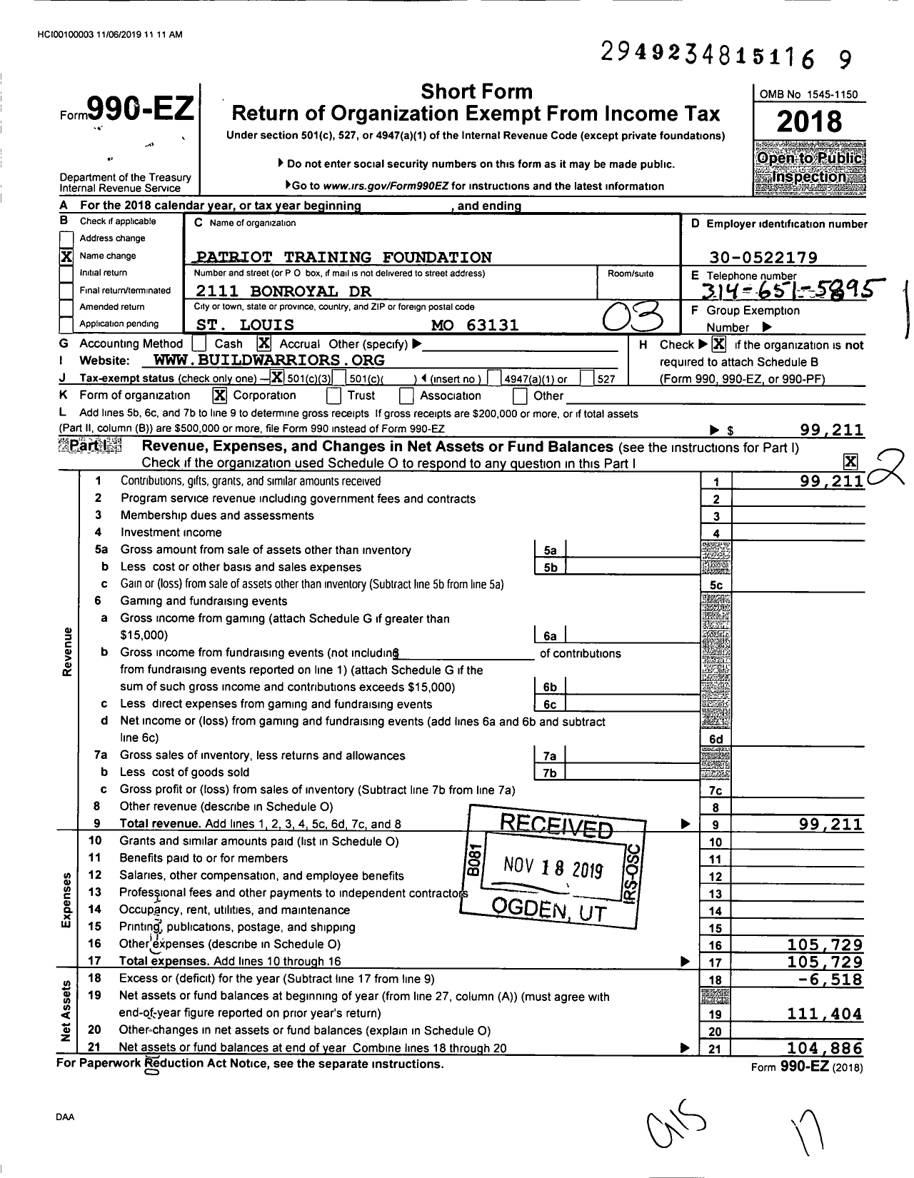 Image of first page of 2018 Form 990EZ for Patriot Training Foundation