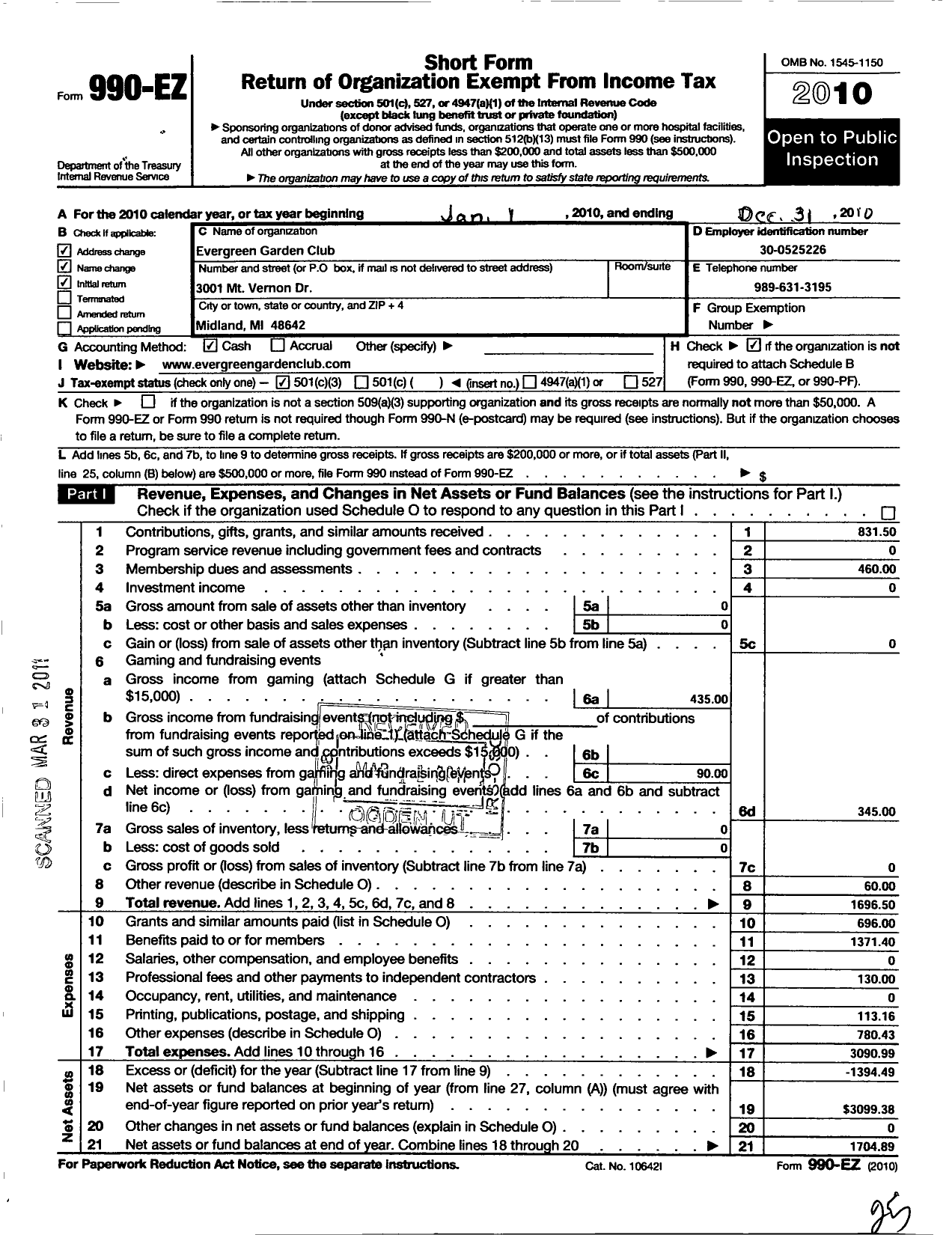 Image of first page of 2010 Form 990EZ for Evergreen Garden Club