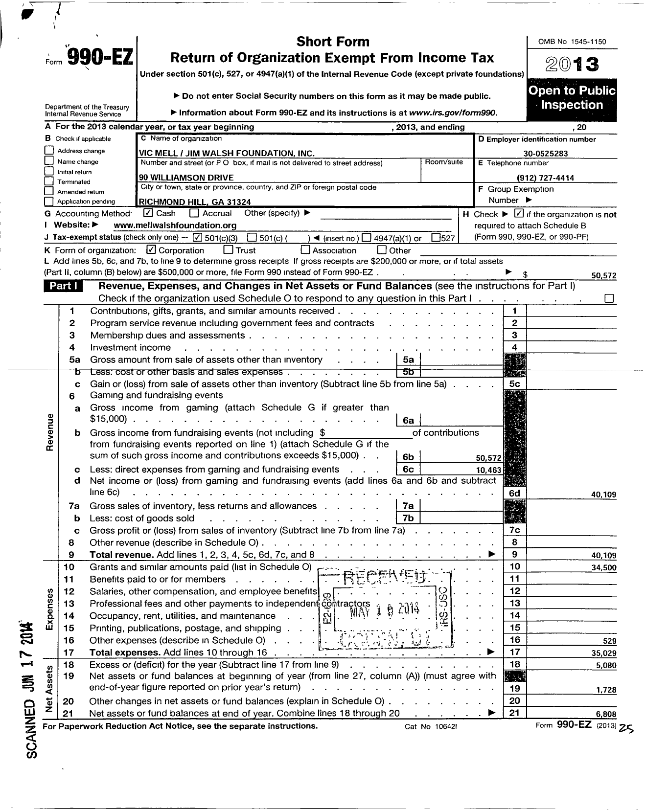 Image of first page of 2013 Form 990EZ for Vic Mell Jim Walsh Foundation