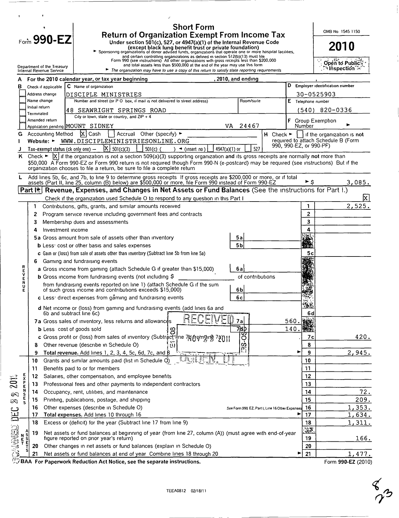 Image of first page of 2010 Form 990EZ for Disciple Ministries