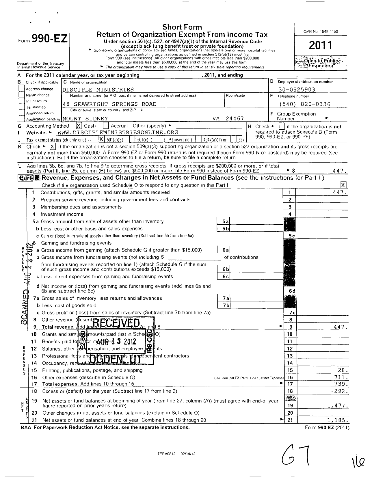 Image of first page of 2011 Form 990EZ for Disciple Ministries