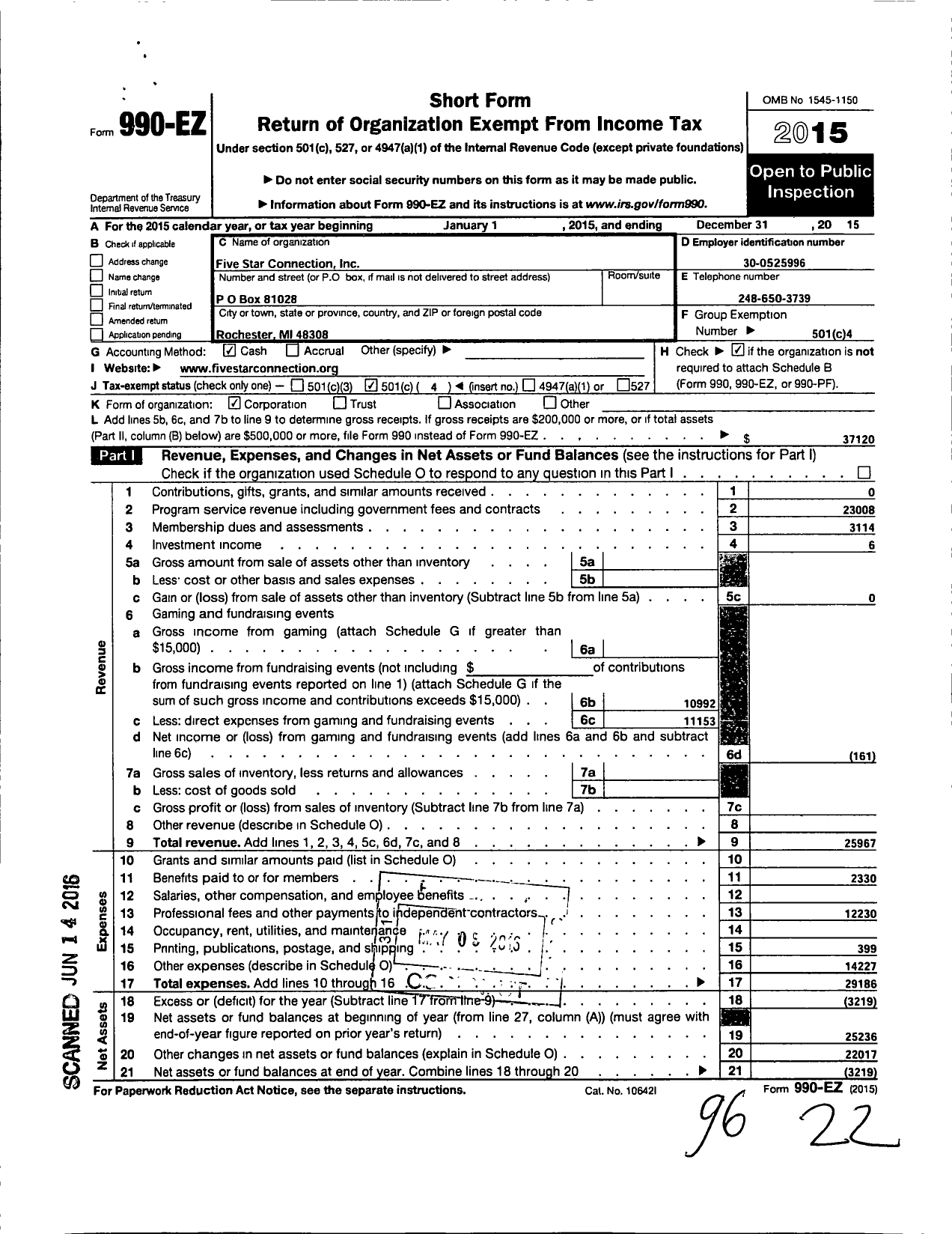 Image of first page of 2015 Form 990EO for Five Star Connection