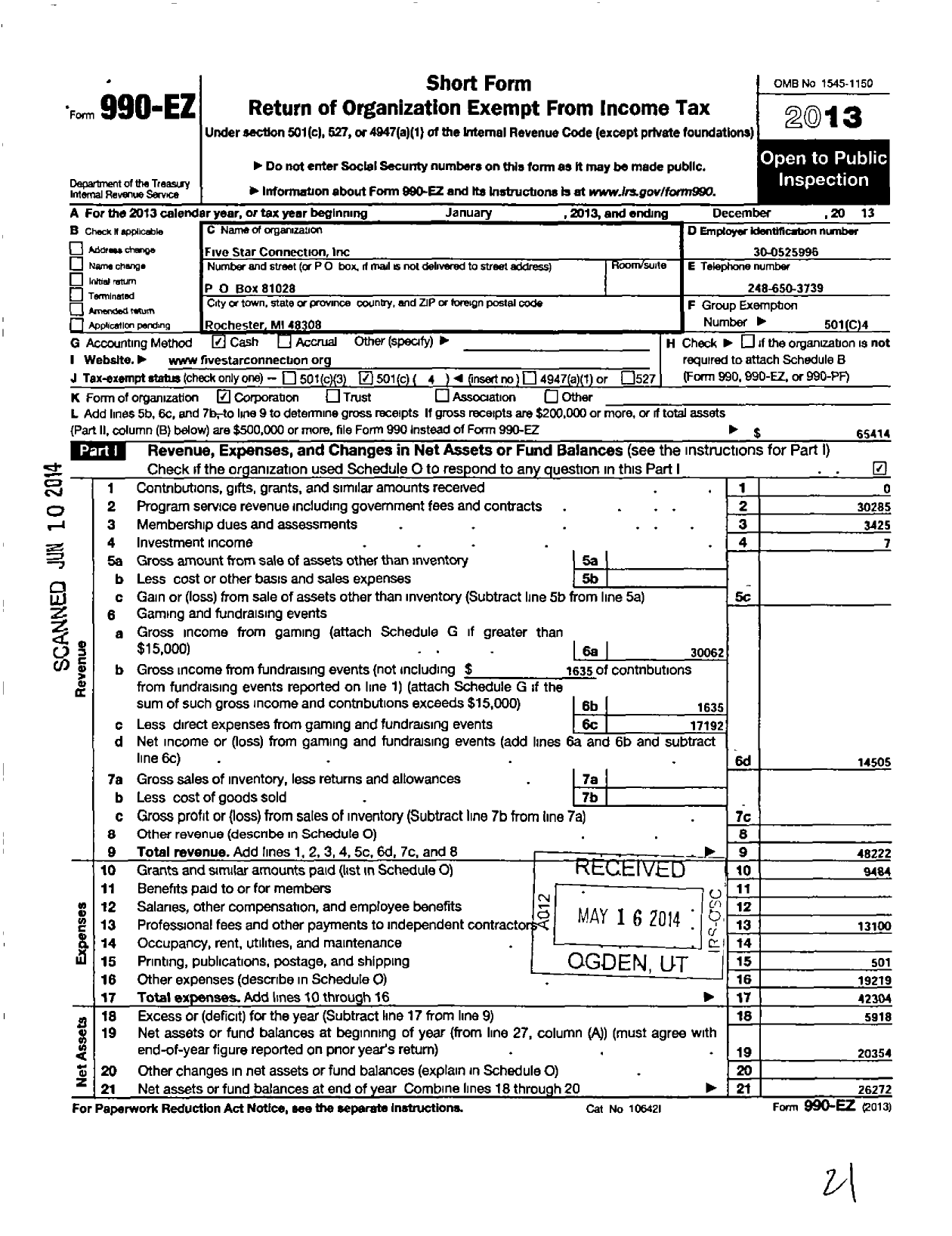 Image of first page of 2013 Form 990EO for Five Star Connection