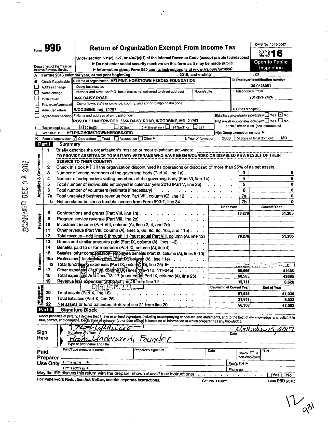 Image of first page of 2016 Form 990 for Helping Hometown Heroes Foundation