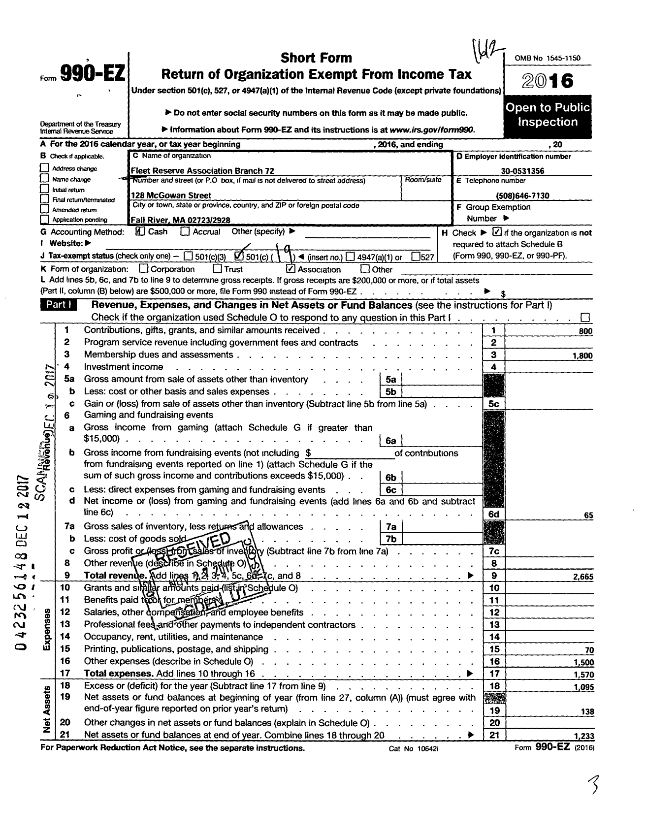 Image of first page of 2016 Form 990EO for Fleet Reserve Association Branch 72