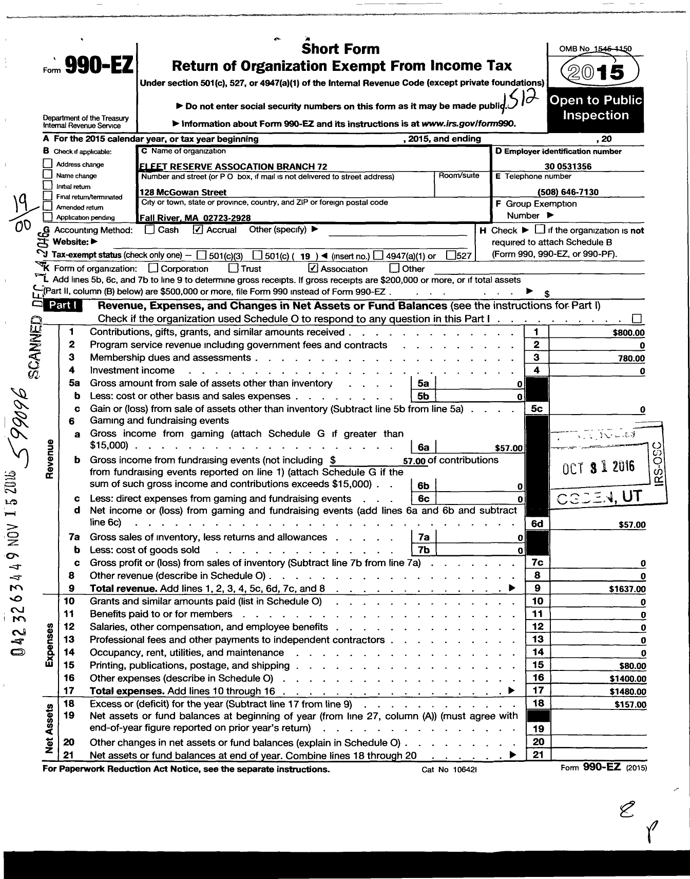 Image of first page of 2015 Form 990EO for Fleet Reserve Association Branch 72