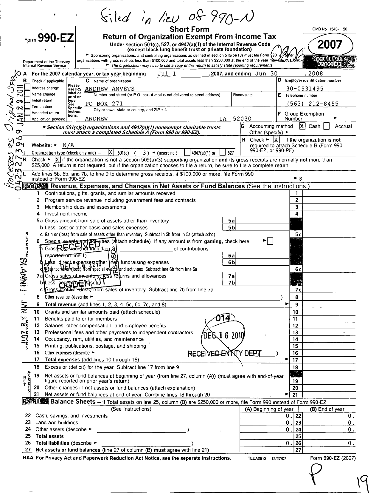 Image of first page of 2007 Form 990EZ for Amvets - 0062-ia